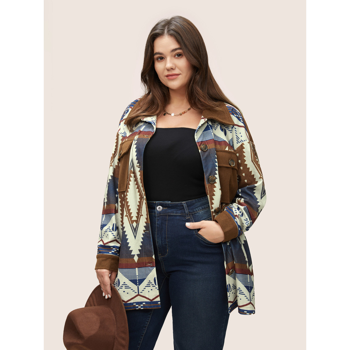 

Plus Size Geometric Patchwork Corduroy Patched Pocket Jacket Women DarkBrown Lined Pocket Everyday Jackets BloomChic
