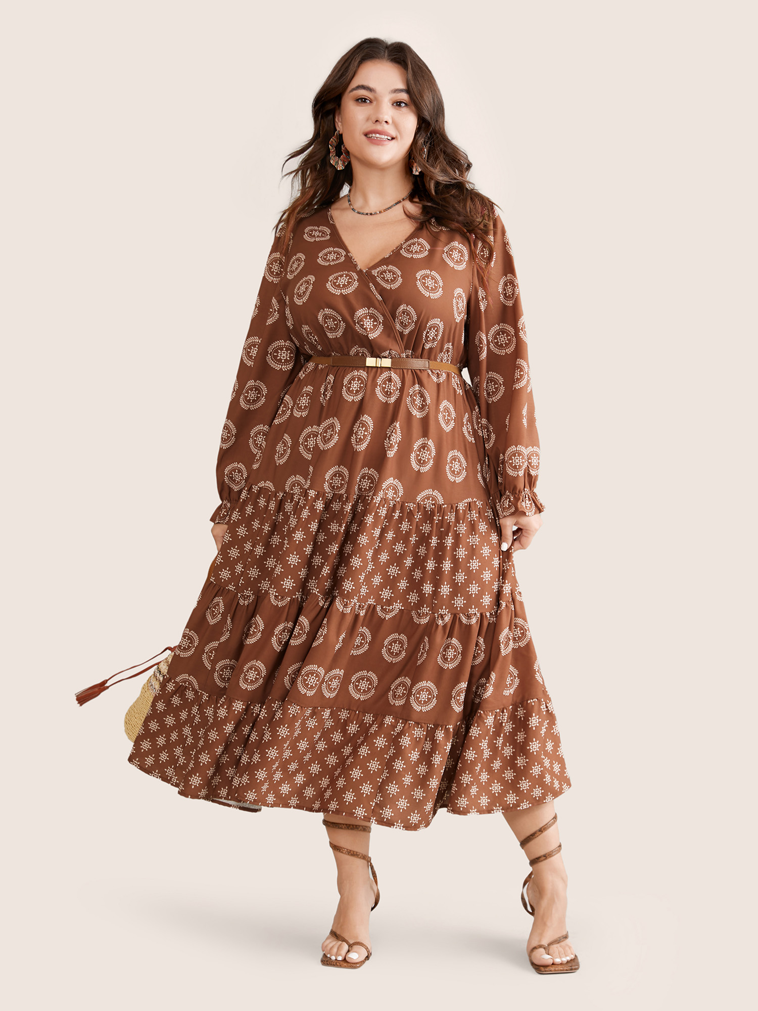 

Plus Size Geometric Wrap Ruffle Layered Hem Dress Chocolate Women Vacation Wrap Overlap Collar Long Sleeve Curvy Midi Dress BloomChic