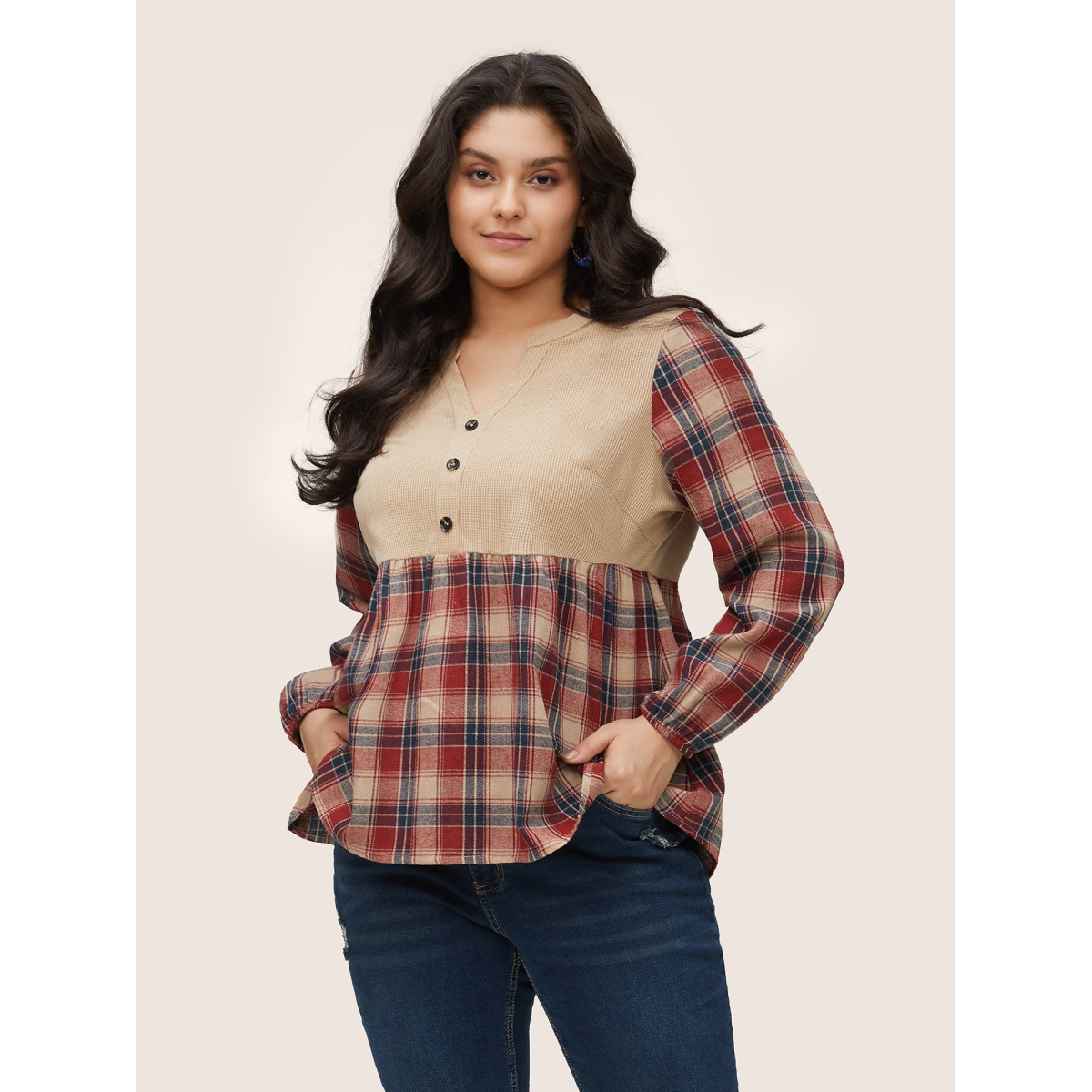 

Plus Size Multicolor Corduroy Patchwork Plaid Notched Button Detail Blouse Women Casual Long Sleeve Notched collar Vacation Blouses BloomChic