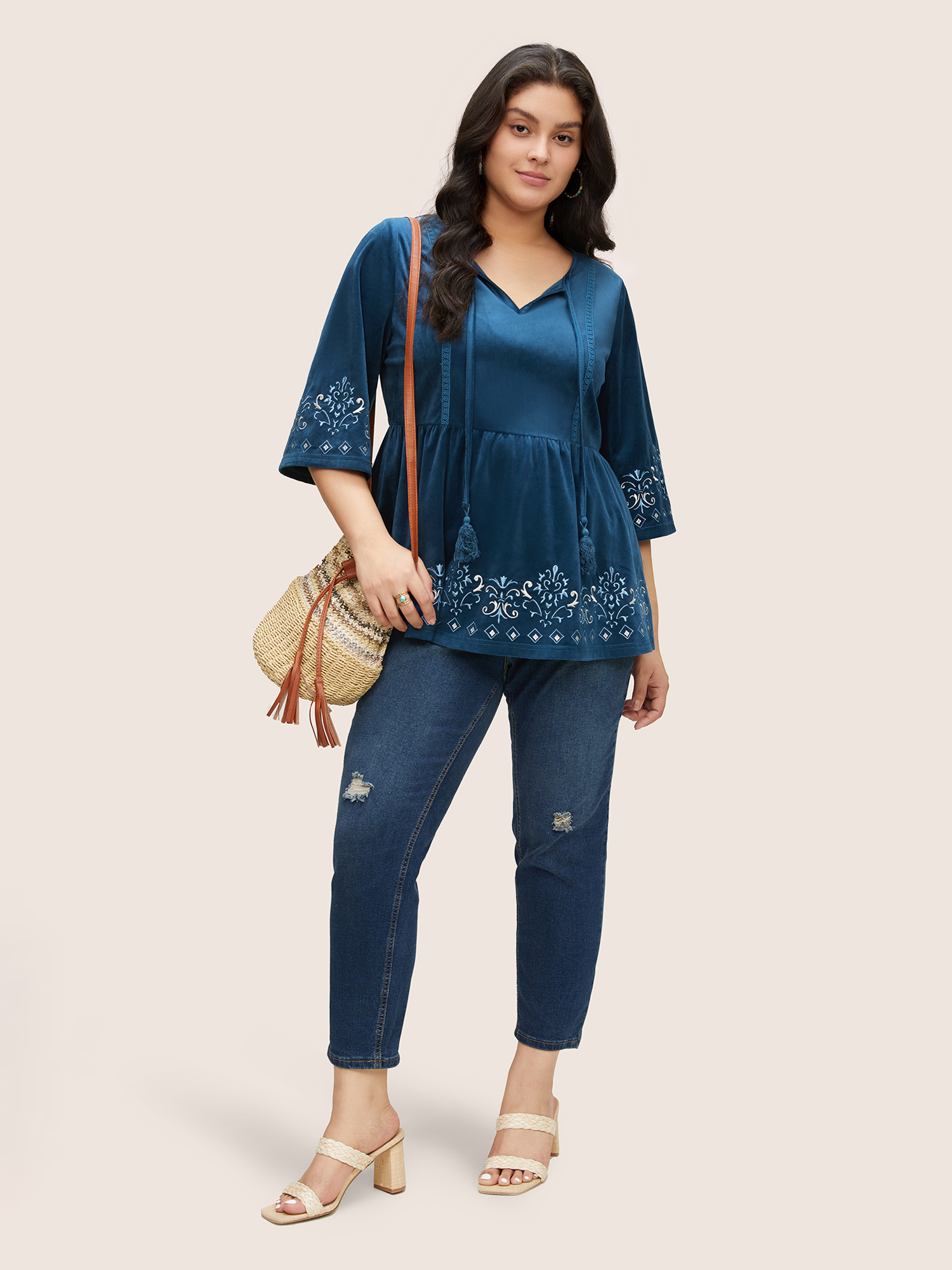 Plus Size Indigo Velvet Contrast Embroidered Tassels Ties Blouse Women Resort Elbow-length sleeve Tie Neck Vacation Blouses BloomChic 26/4X 