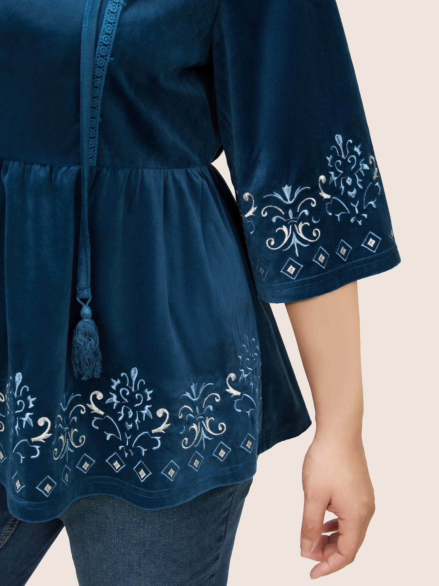 Plus Size Indigo Velvet Contrast Embroidered Tassels Ties Blouse Women Resort Elbow-length sleeve Tie Neck Vacation Blouses BloomChic 26/4X 