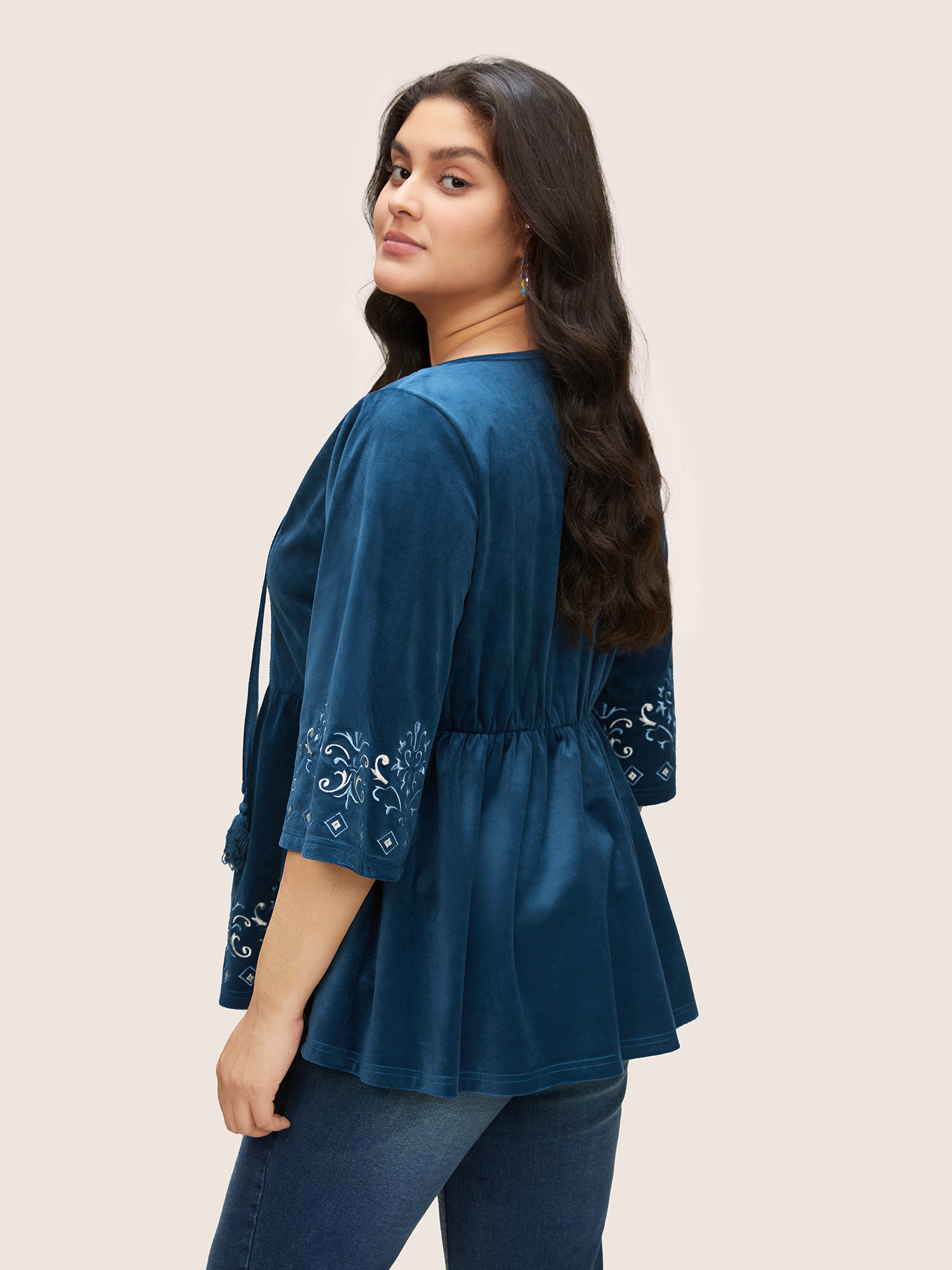 Plus Size Indigo Velvet Contrast Embroidered Tassels Ties Blouse Women Resort Elbow-length sleeve Tie Neck Vacation Blouses BloomChic 26/4X 