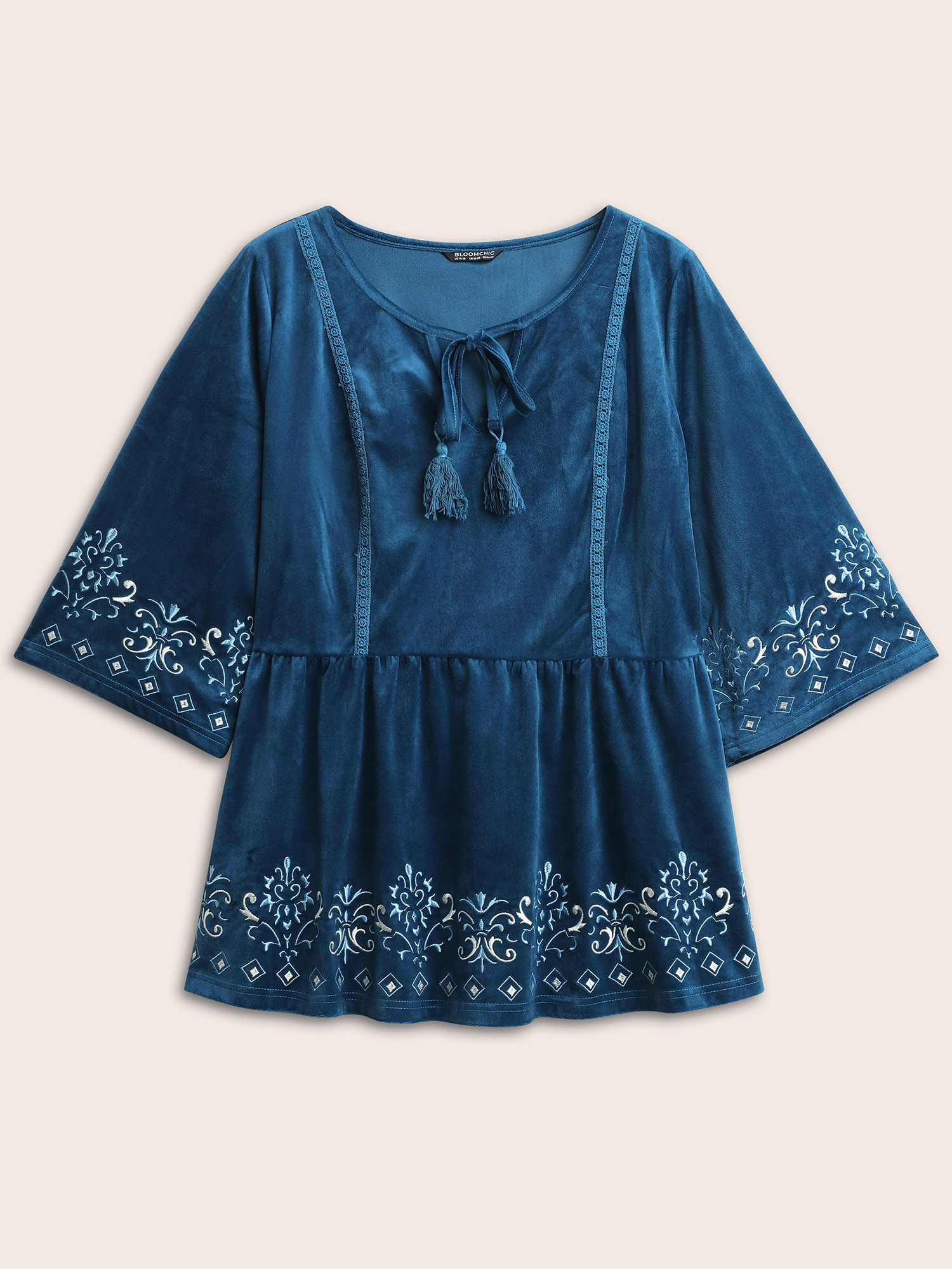 Plus Size Indigo Velvet Contrast Embroidered Tassels Ties Blouse Women Resort Elbow-length sleeve Tie Neck Vacation Blouses BloomChic 26/4X 