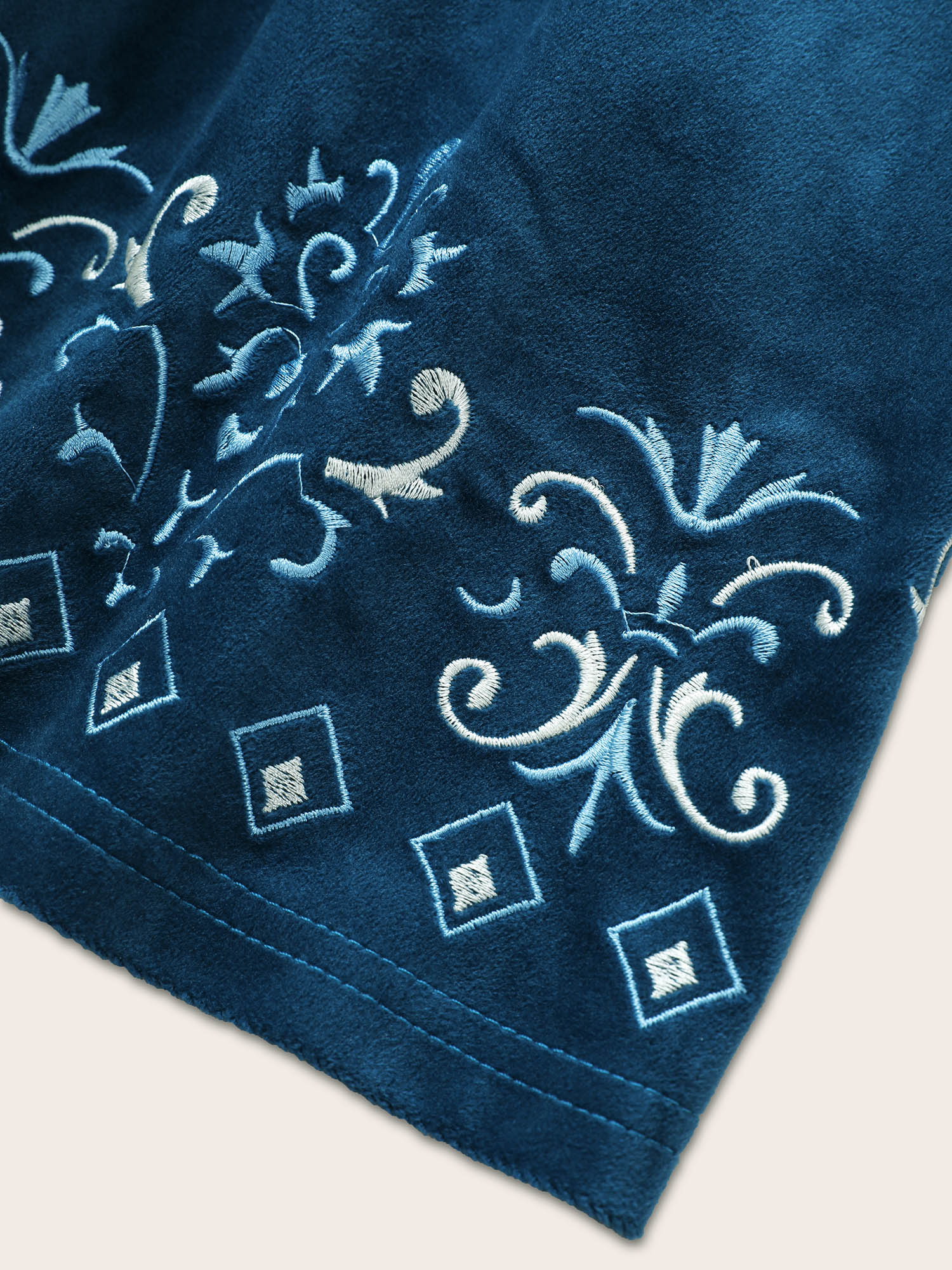 Plus Size Indigo Velvet Contrast Embroidered Tassels Ties Blouse Women Resort Elbow-length sleeve Tie Neck Vacation Blouses BloomChic 26/4X 