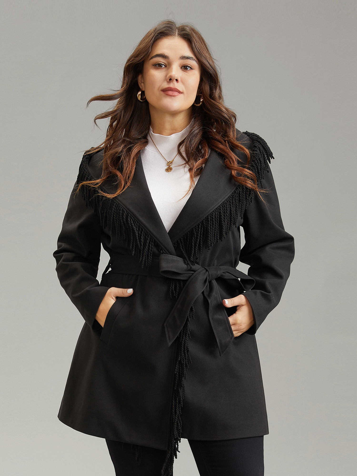 

Plus Size Tassels Trim Plain Lapel Collar Belted Coat Women Black Elegant Lined Ladies Dailywear Winter Coats BloomChic