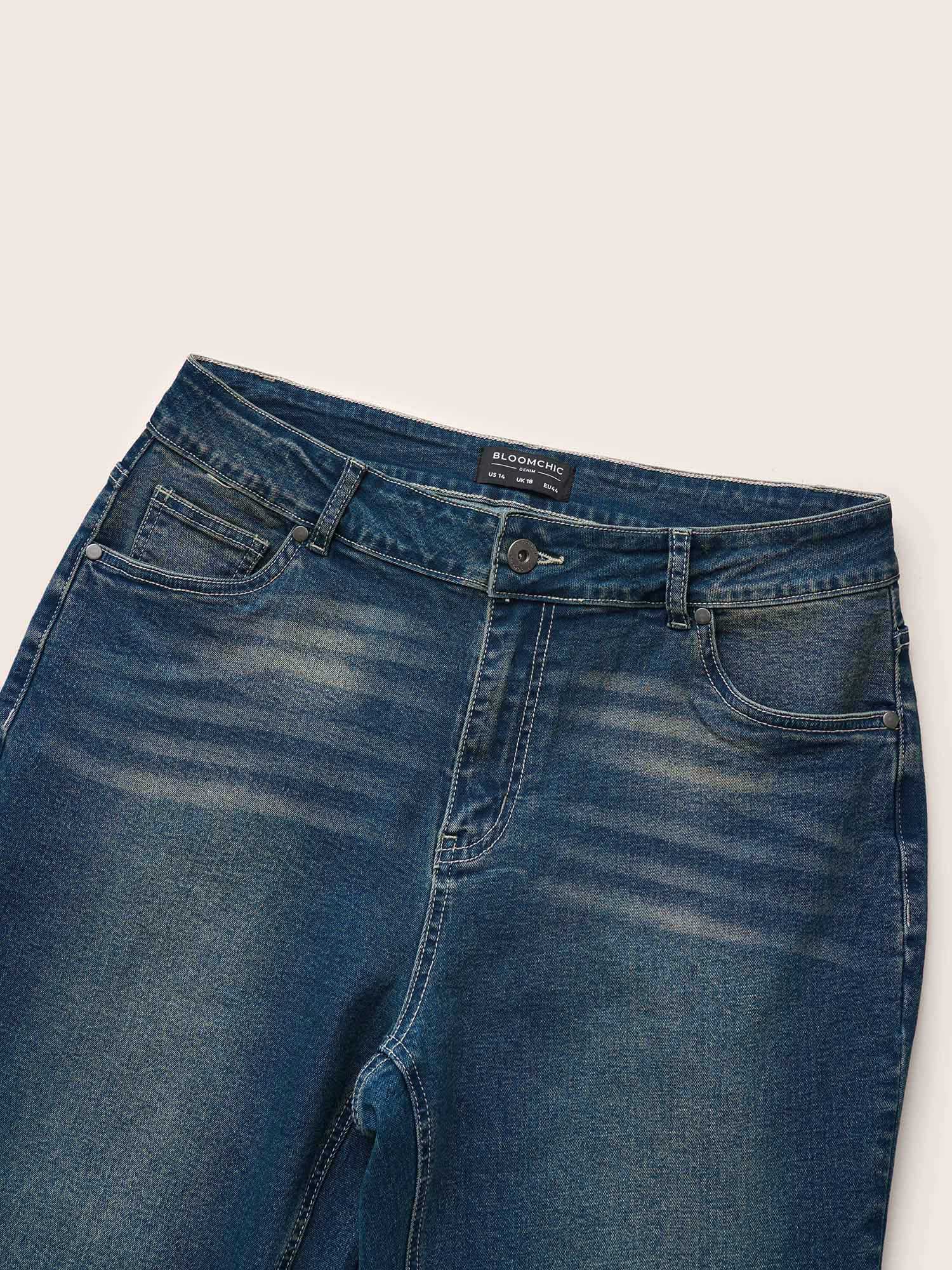 Plus Size Women Dailywear Plain High stretch Straight Leg Dark Wash Casual Jeans BloomChic 