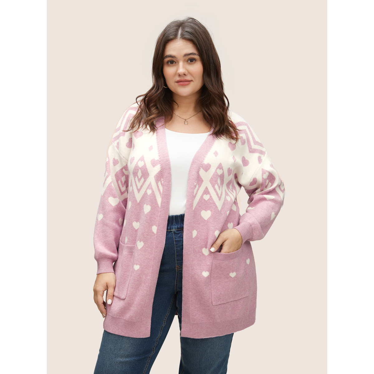 

Plus Size Supersoft Essentials Heart Two Tone Pocket Cardigan Pink Women Casual Loose Long Sleeve Dailywear Cardigans BloomChic