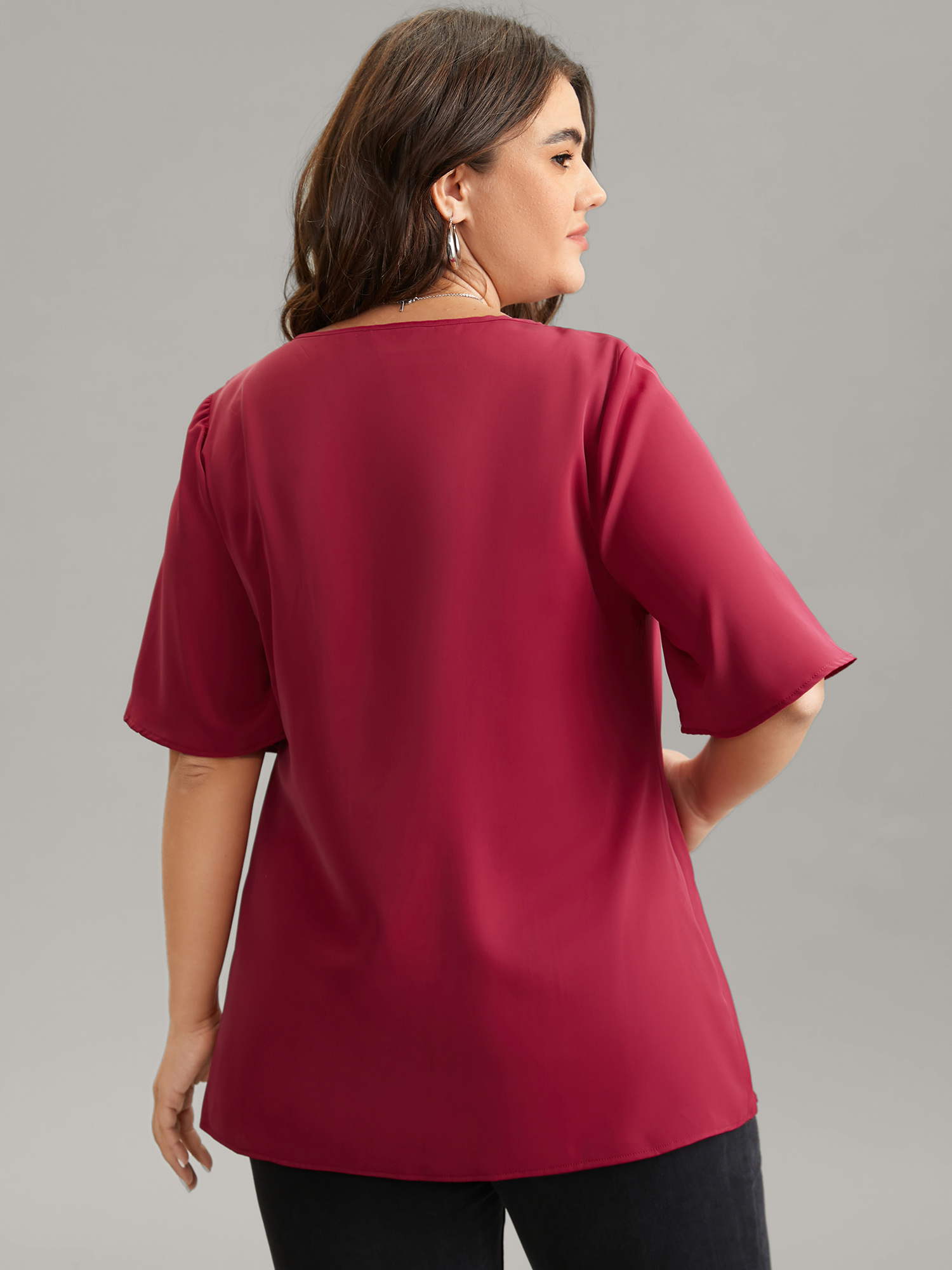Plus Size RedViolet Solid Pleated Crew Neck Blouse Women Work From Home Short sleeve Round Neck Work Blouses BloomChic 14-16/1X 