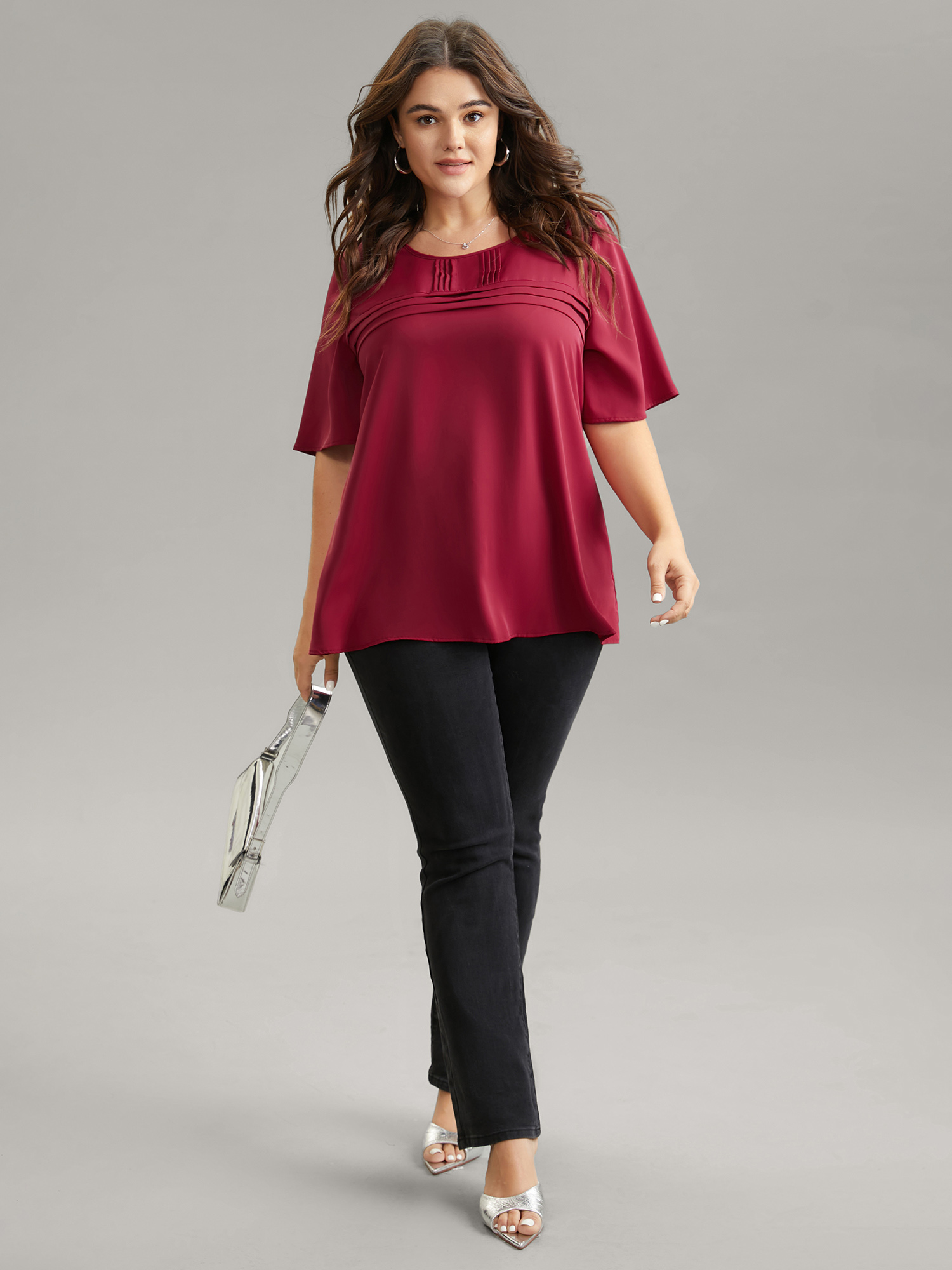 Plus Size RedViolet Solid Pleated Crew Neck Blouse Women Work From Home Short sleeve Round Neck Work Blouses BloomChic 14-16/1X 
