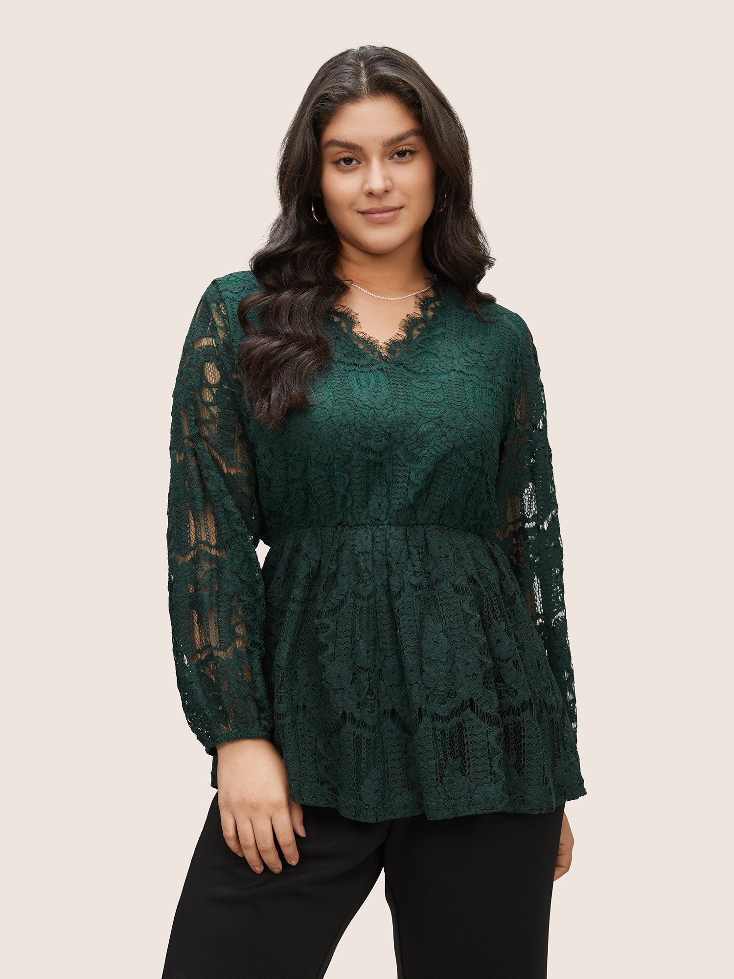 Plus Size Women Party Plain Elastic cuffs Lantern Sleeve Long Sleeve V-neck Elegant Blouses BloomChic 