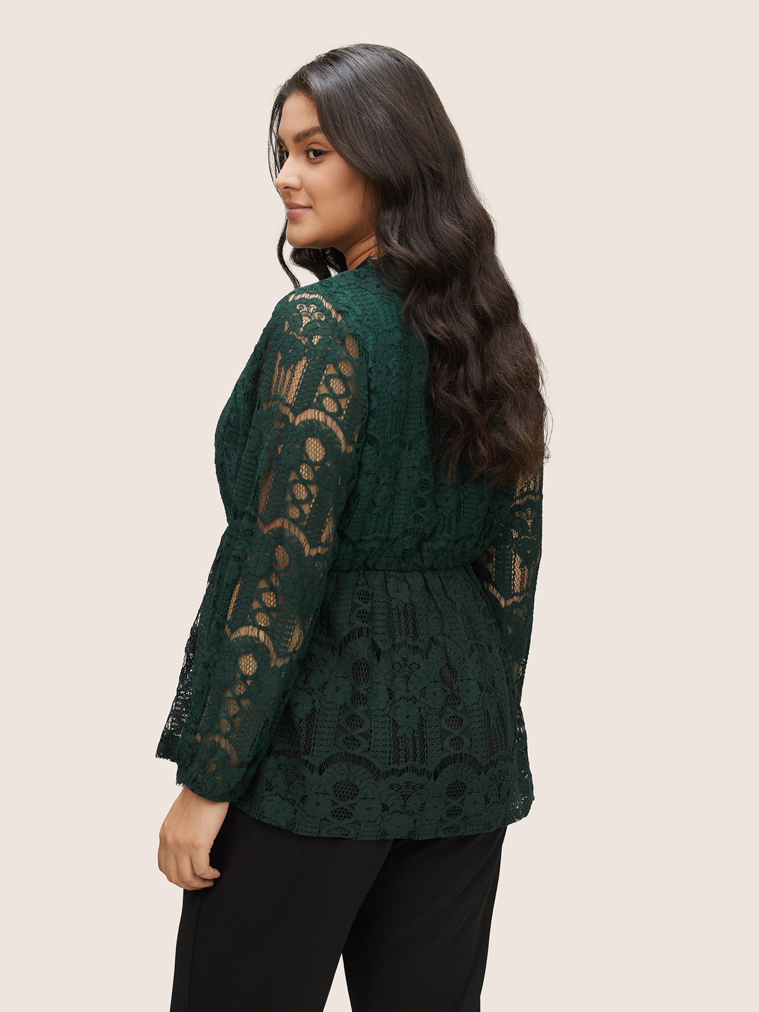 Plus Size Women Party Plain Elastic cuffs Lantern Sleeve Long Sleeve V-neck Elegant Blouses BloomChic 