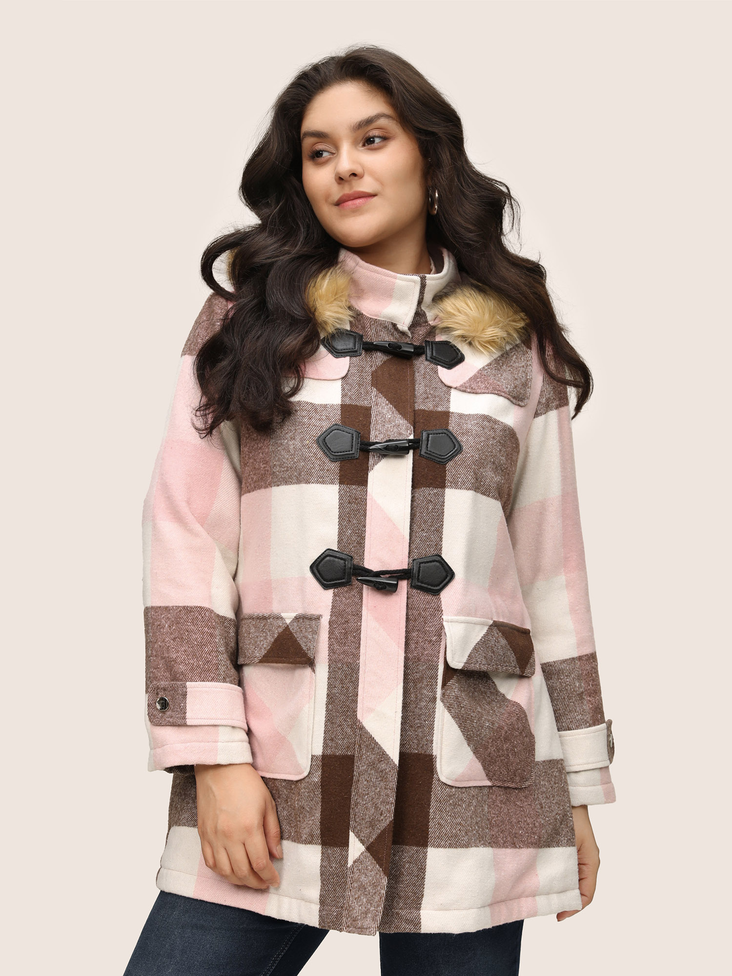 Plus Size Colorblock Contrast Fuzzy Trim Duffle Button Coat Women DustyPink Casual Lined Ladies Dailywear Winter Coats BloomChic 14-16/1X 