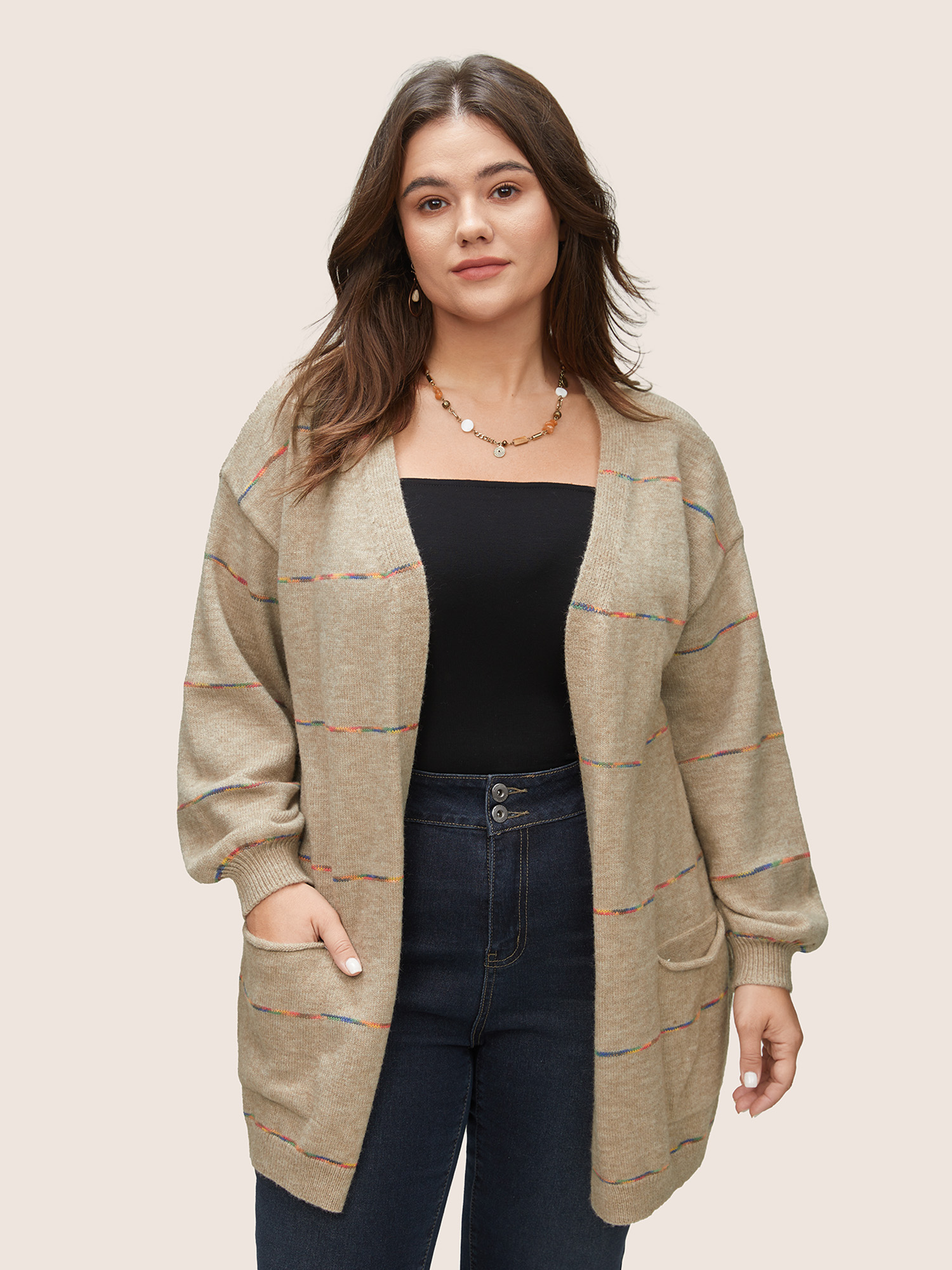

Plus Size Anti-Pilling Colored Striped Patched Pocket Cardigan Tan Women Casual Loose Long Sleeve Dailywear Cardigans BloomChic