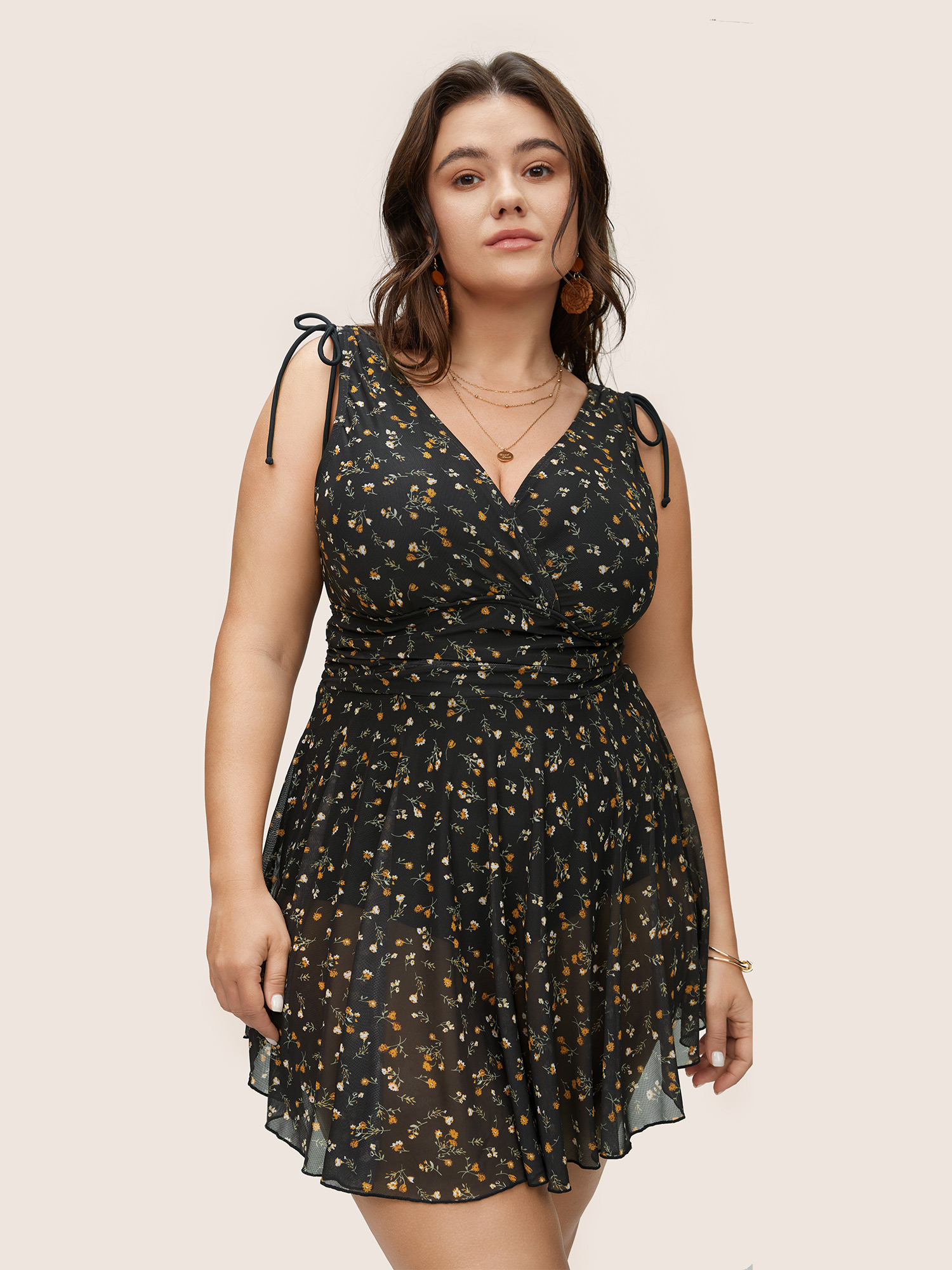 

Plus Size Ditsy Floral Mesh Drawstring Swim Dress Women's Swimwear Black Beach Bodycon V-neck High stretch Curve Swim Dresses BloomChic