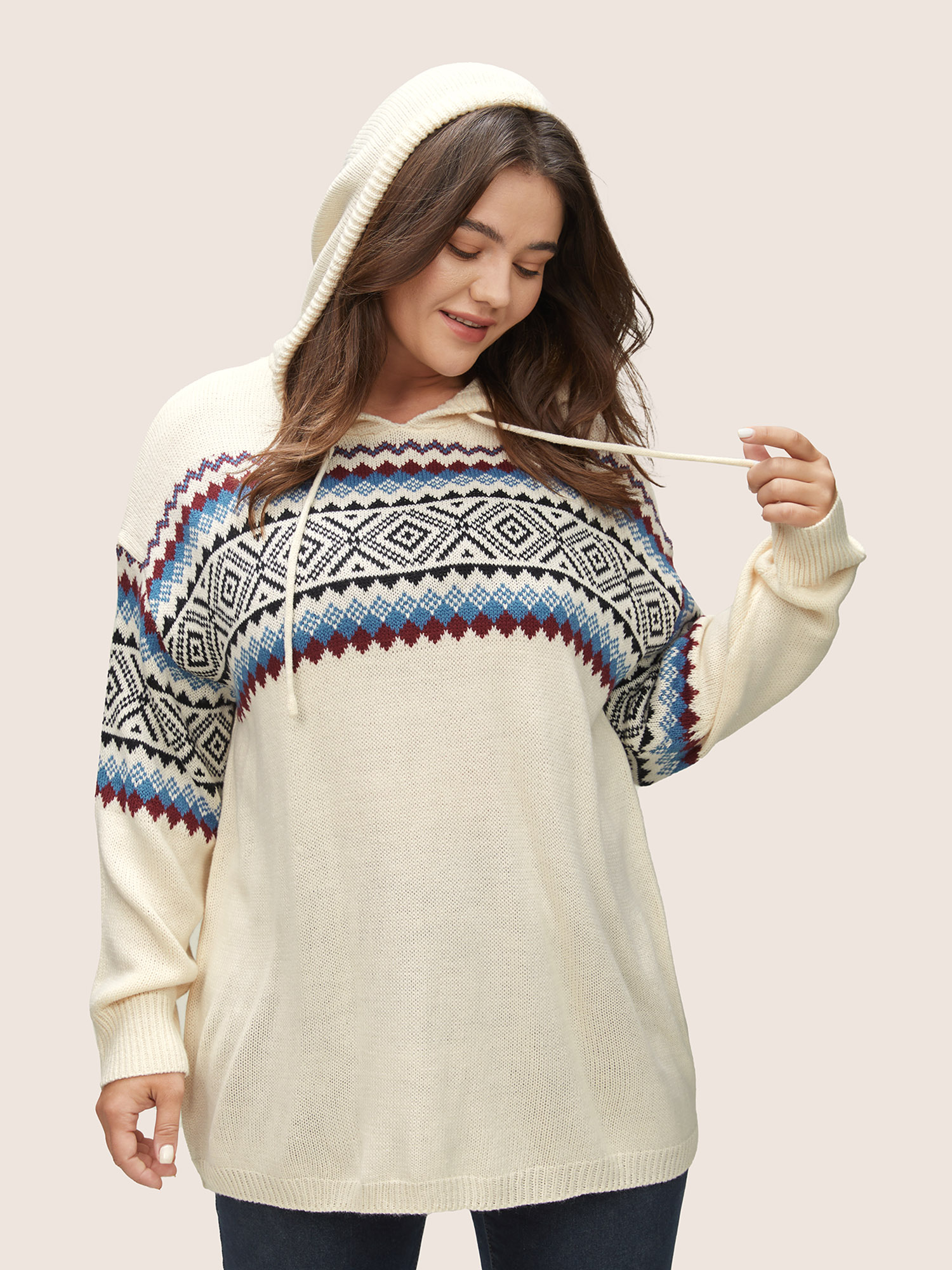 

Plus Size Geometric Jacquard Drop Shoulder Drawstring Pullover Ivory Women Casual Loose Long Sleeve Hooded Everyday Pullovers BloomChic