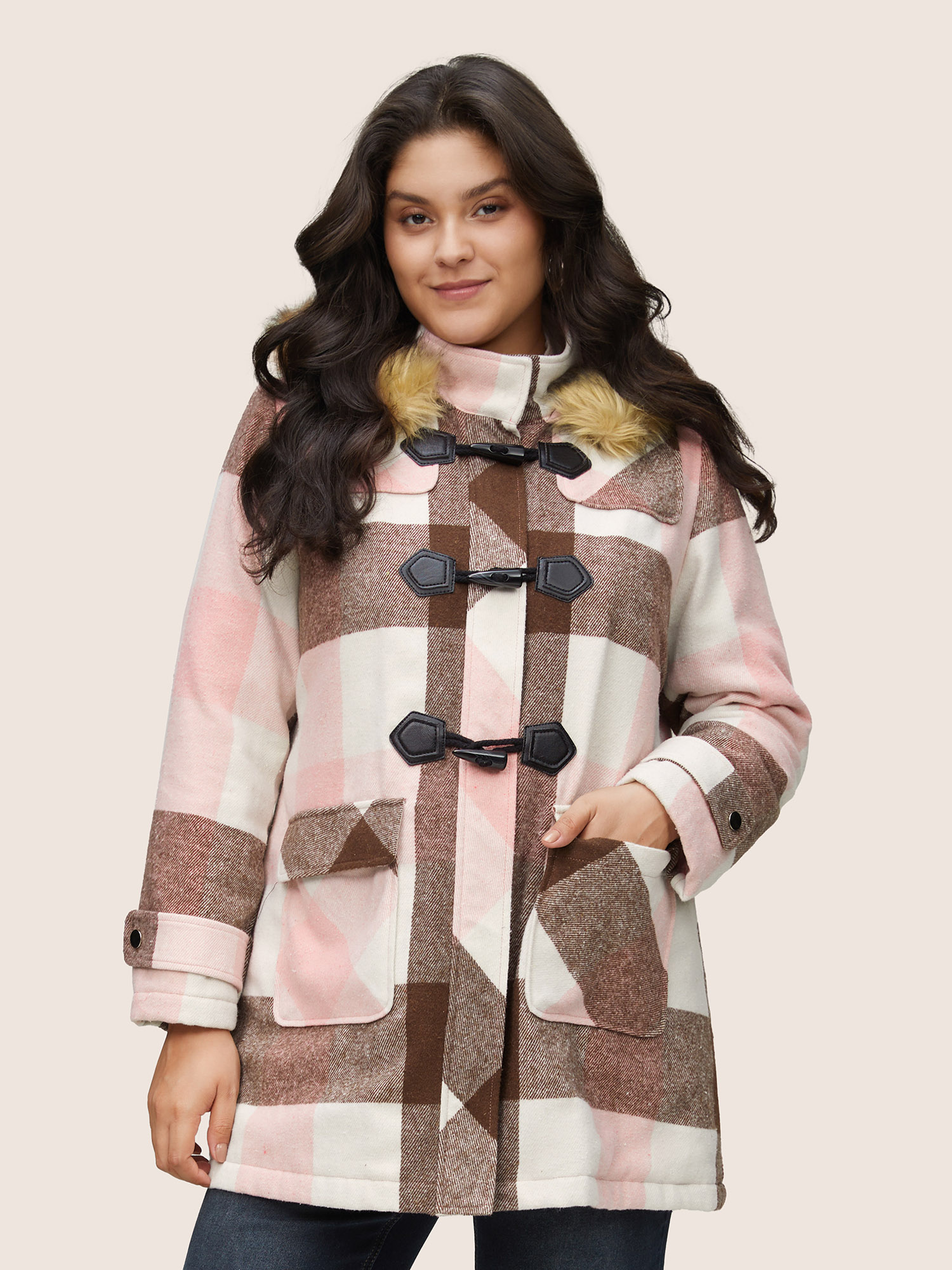 

Plus Size Colorblock Contrast Fuzzy Trim Duffle Button Coat Women DustyPink Casual Lined Ladies Dailywear Winter Coats BloomChic