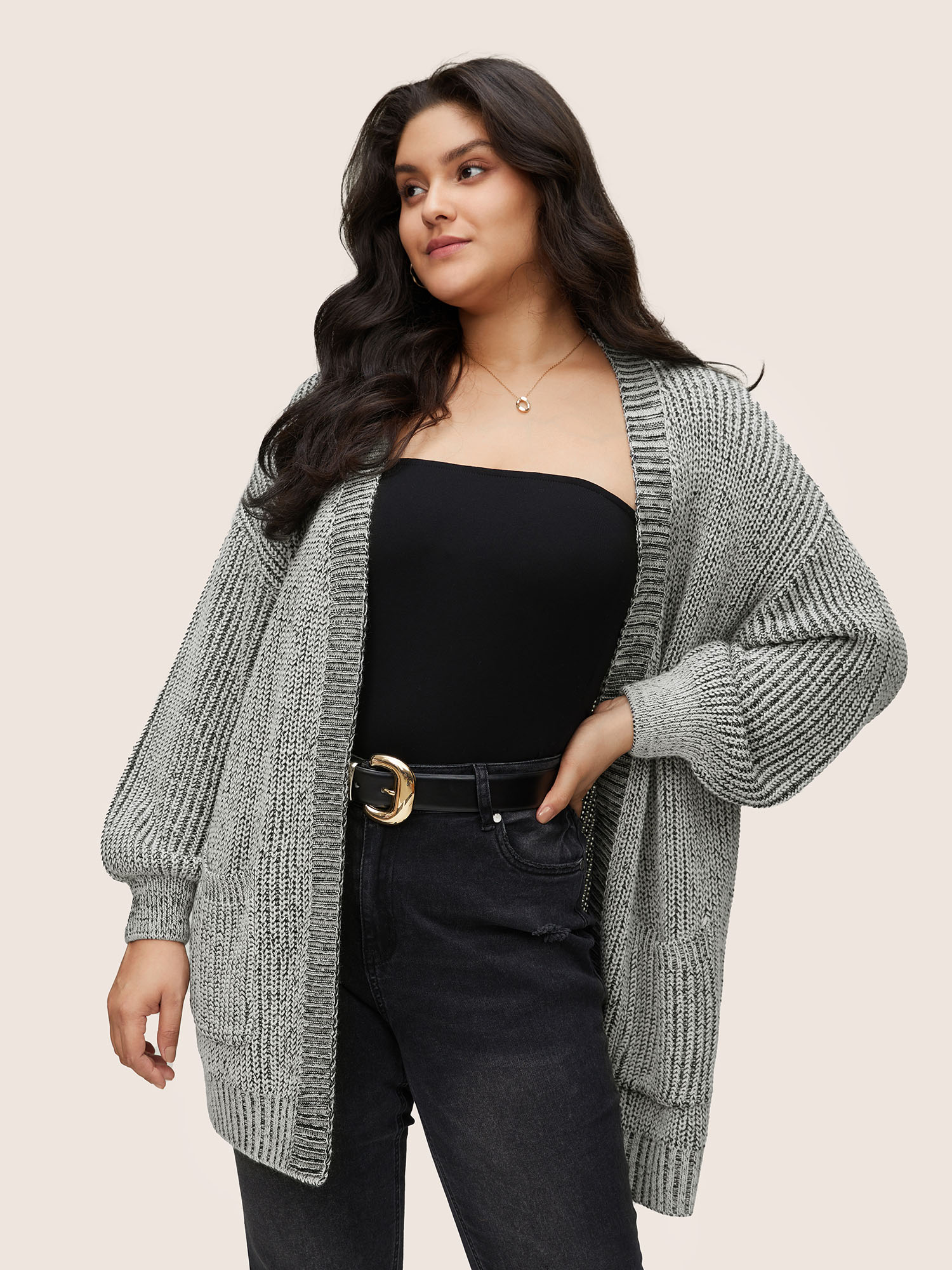 

Plus Size Solid Drop Shoulder Puff Sleeve Knit Cardigan Silver Women Casual Loose Long Sleeve Everyday Cardigans BloomChic