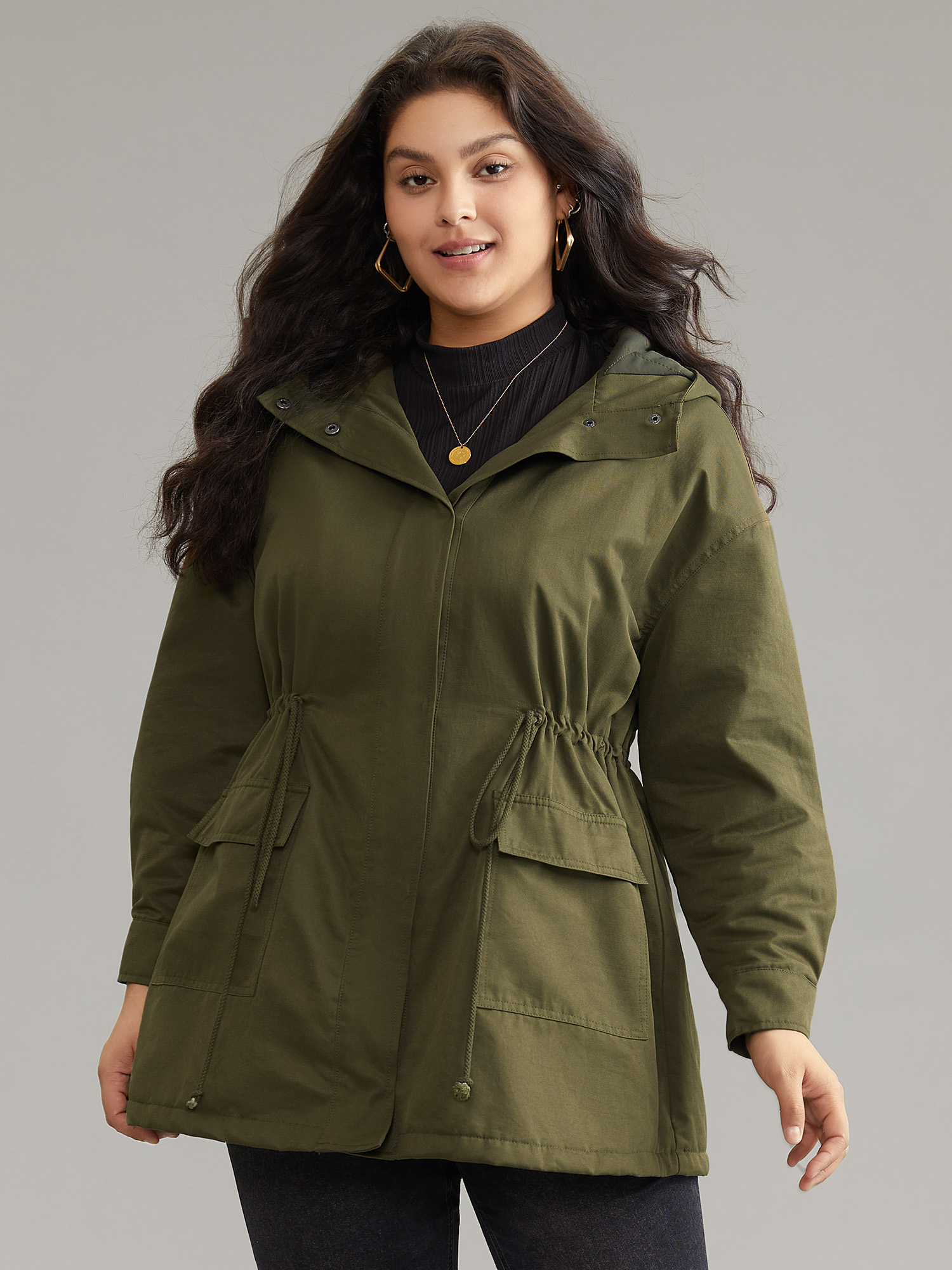 

Plus Size Plain Drawstring Padded Pocket Hooded Coat Women ArmyGreen Casual Lined Ladies Dailywear Winter Coats BloomChic