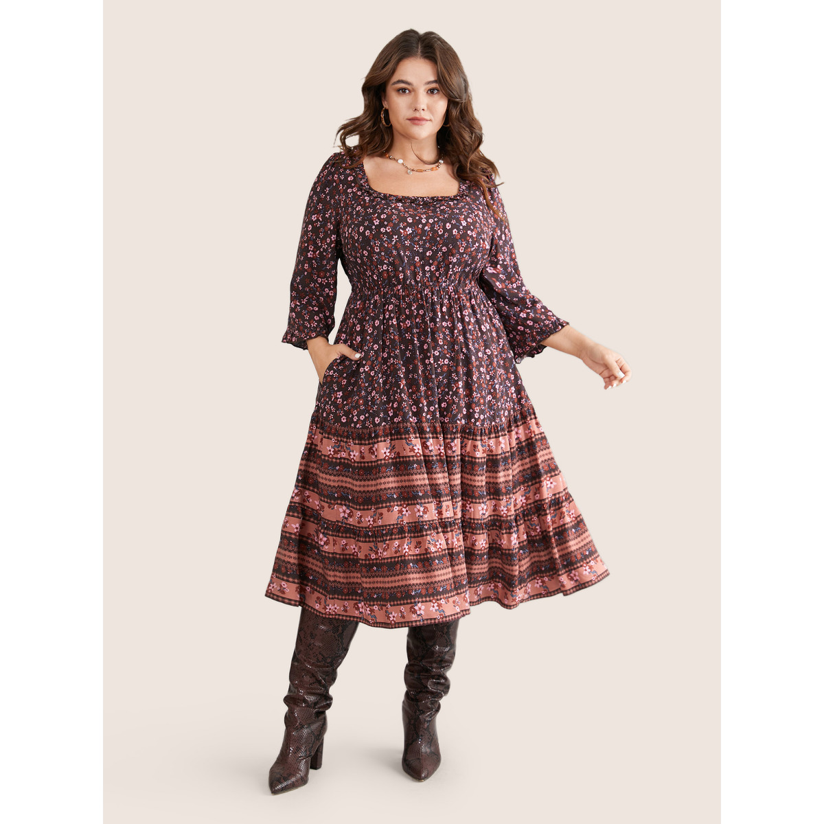 

Plus Size Ditsy Floral Patchwork Square Neck Frill Trim Dress Russet Women Elastic cuffs Square Neck Elbow-length sleeve Curvy Midi Dress BloomChic
