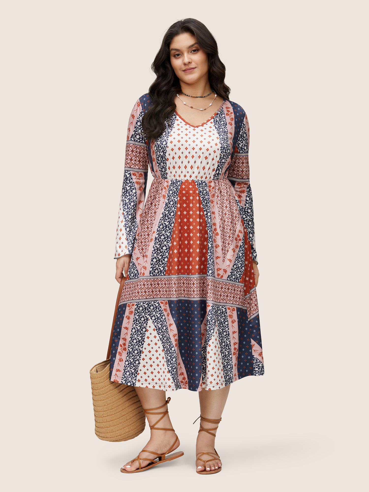 

Plus Size Bandana Patchwork Bell Sleeve Elastic Waist Dress Multicolor Women Resort Printed V-neck Long Sleeve Curvy Midi Dress BloomChic