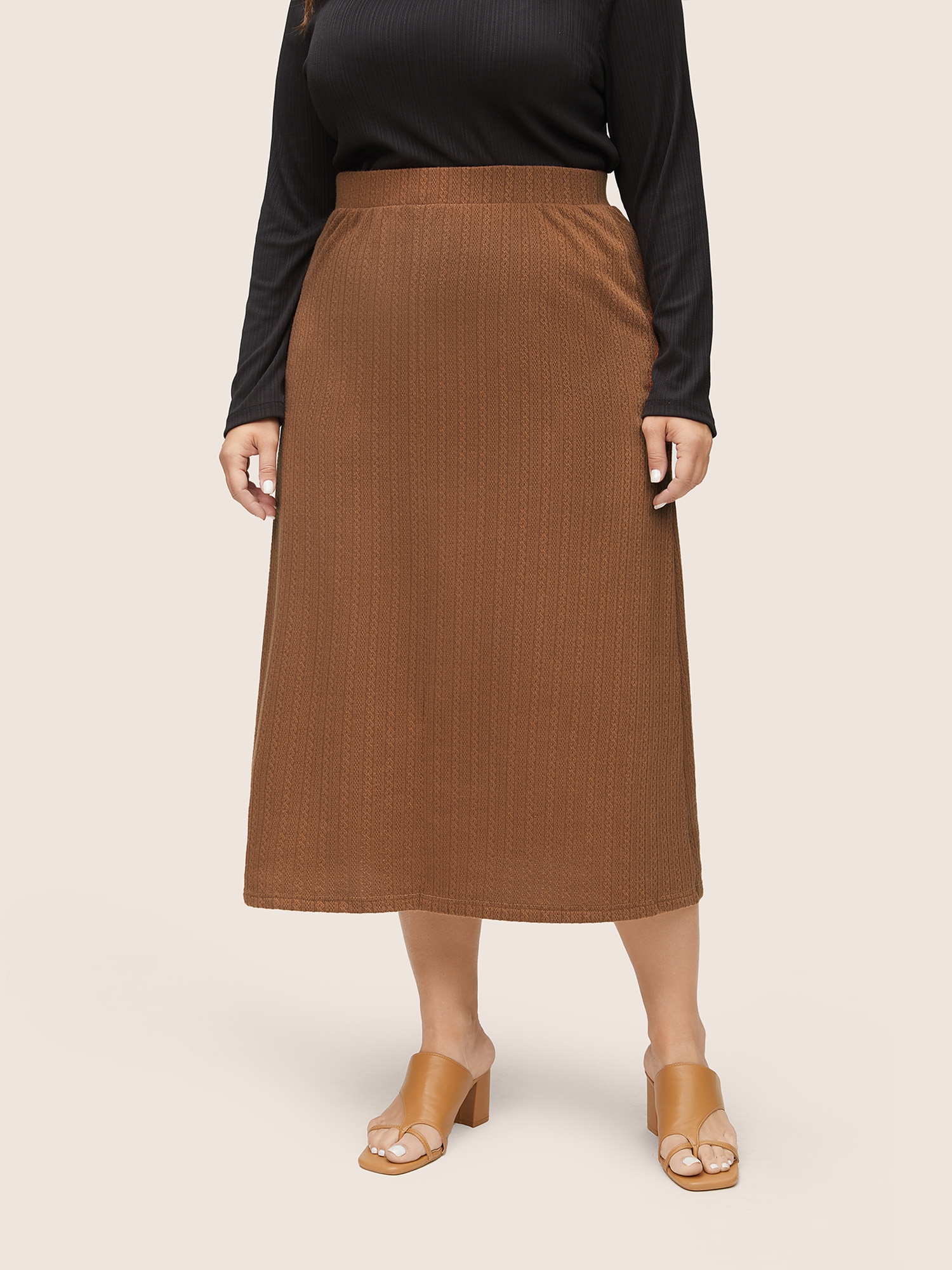 

Plus Size A Line Elastic Waist Knit Jacquard Skirt Women Tan Workwear Essentials Texture Low stretch Work Skirts BloomChic