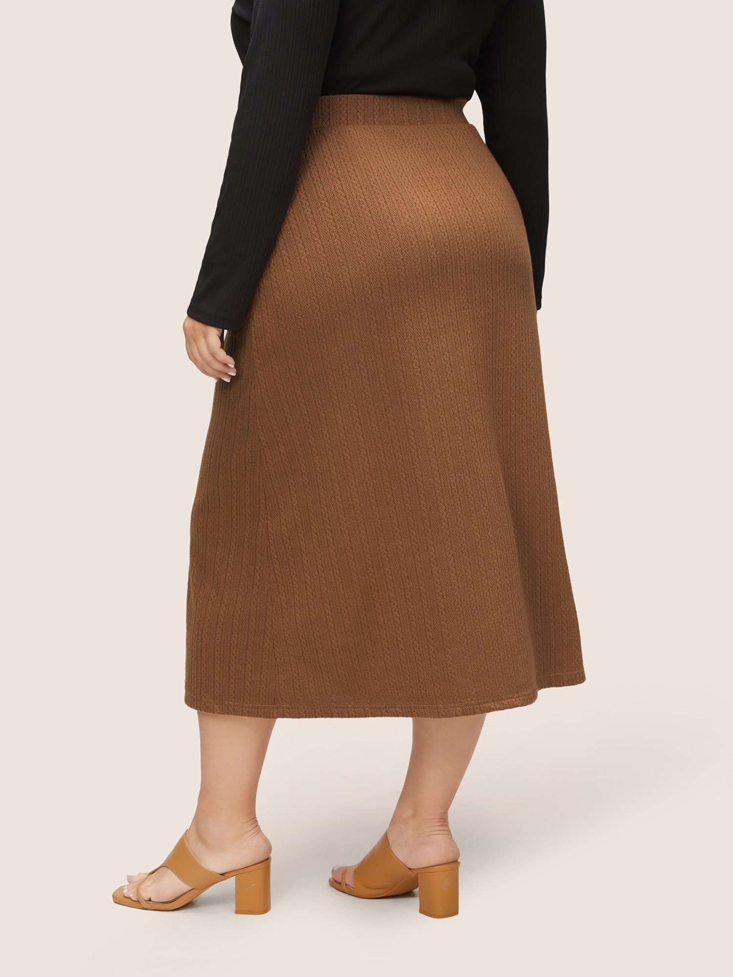 Plus Size A Line Elastic Waist Knit Jacquard Skirt Women Tan Workwear Essentials Texture Low stretch Work Skirts BloomChic 10/M 
