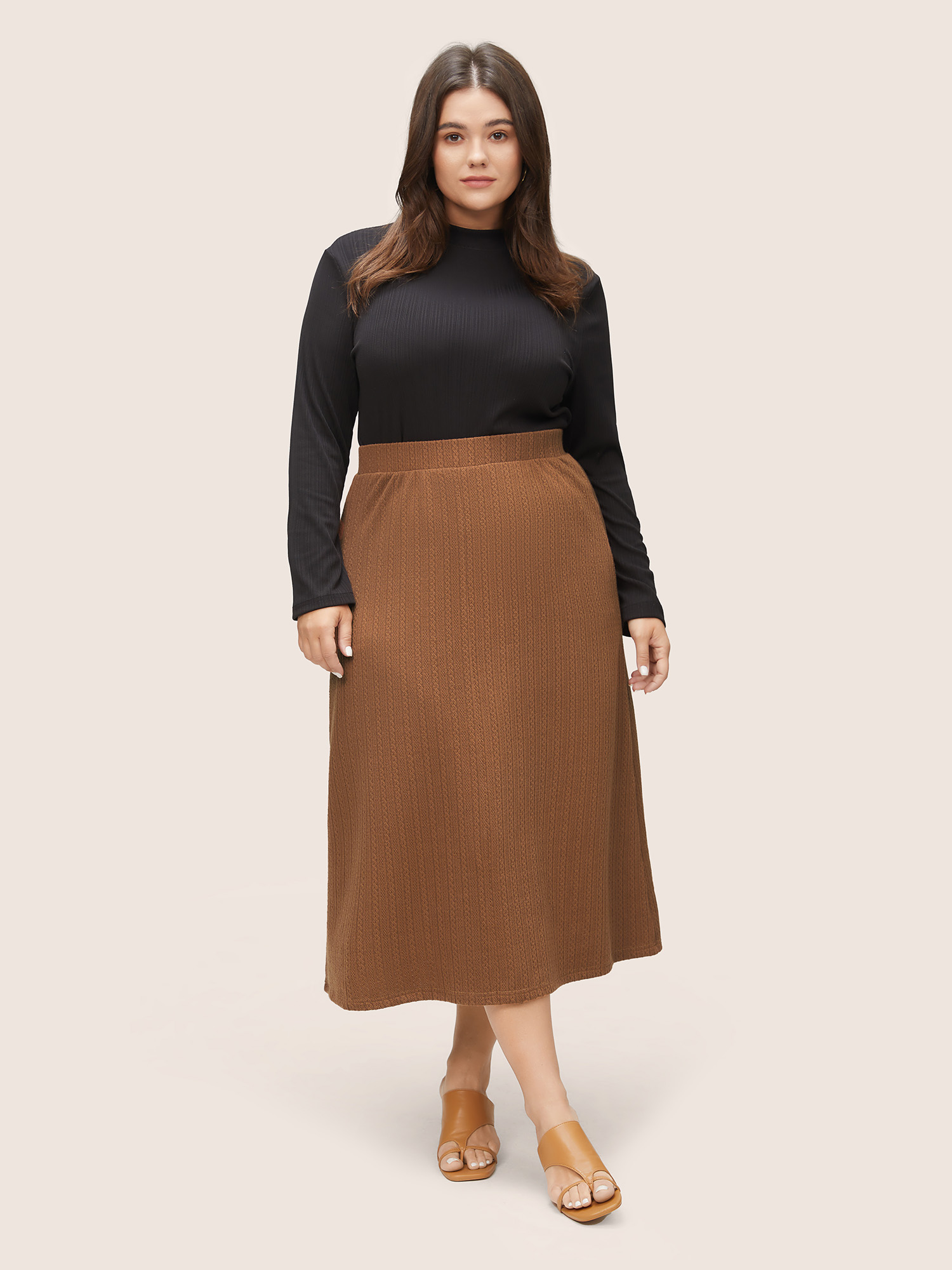 Plus Size A Line Elastic Waist Knit Jacquard Skirt Women Tan Workwear Essentials Texture Low stretch Work Skirts BloomChic 10/M 