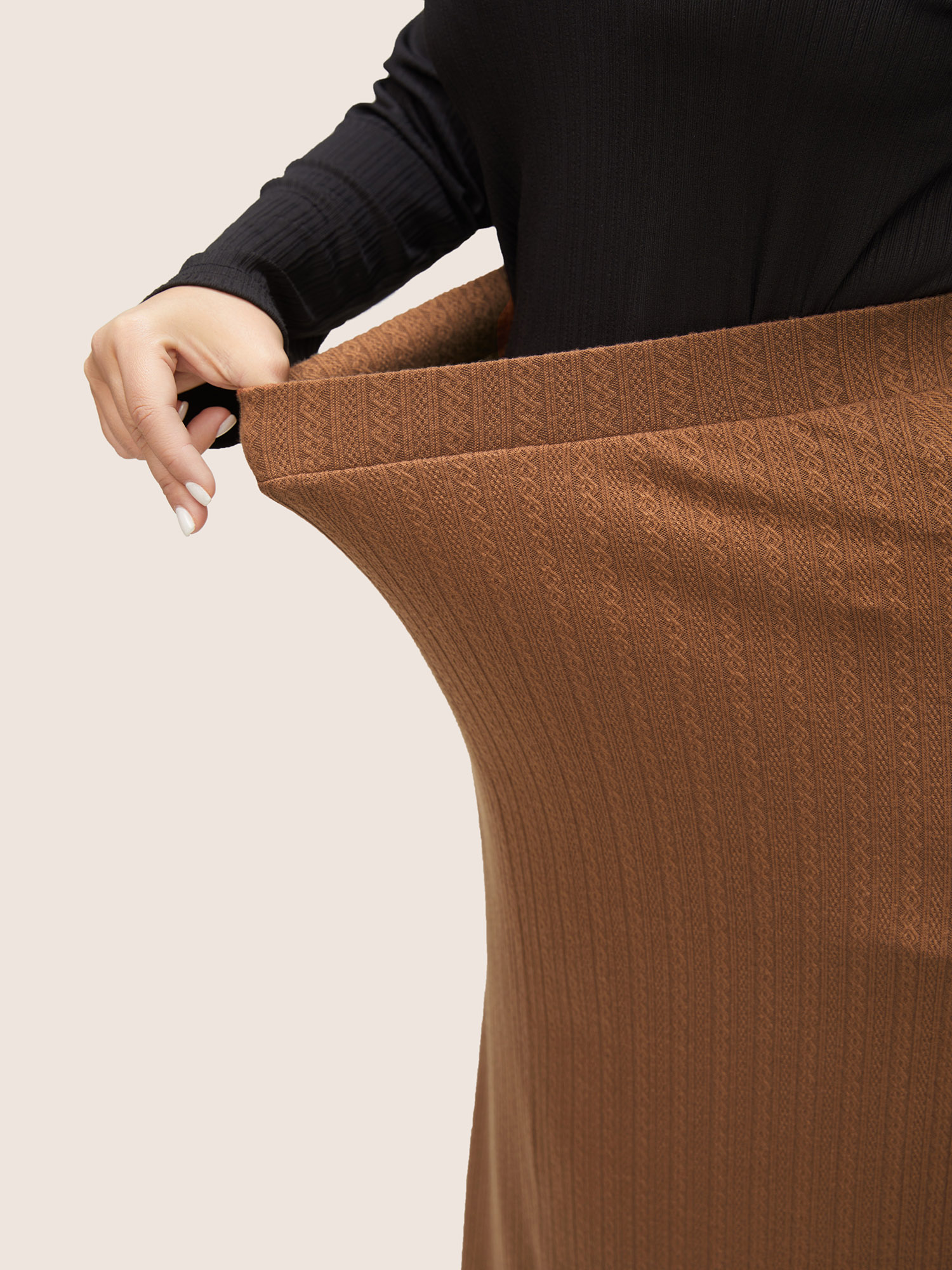 Plus Size A Line Elastic Waist Knit Jacquard Skirt Women Tan Workwear Essentials Texture Low stretch Work Skirts BloomChic 10/M 