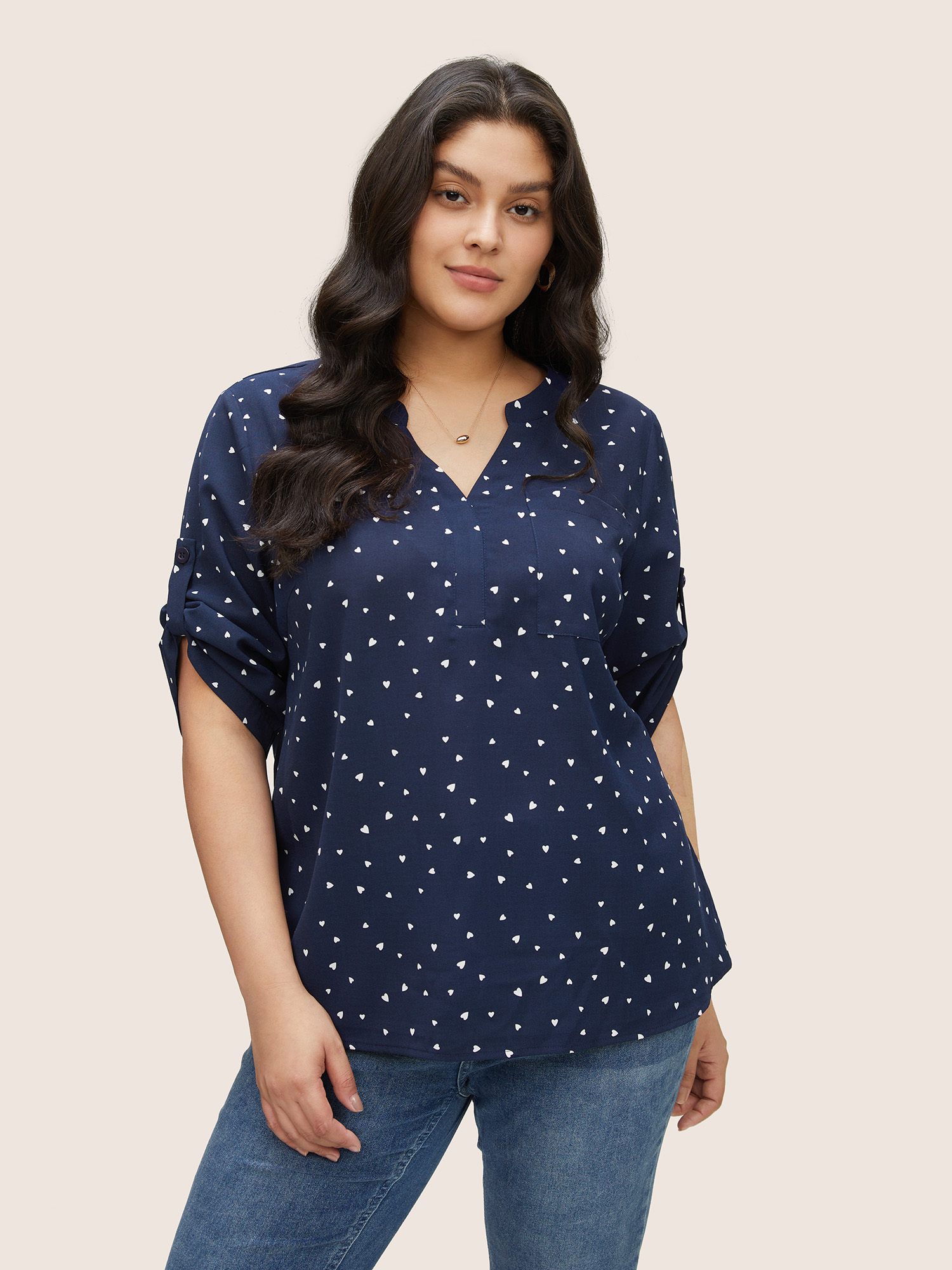 

Plus Size Indigo Heart Print Tab Sleeve Pocket Notched Blouse Women Work From Home Half Sleeve Notched collar Work Blouses BloomChic