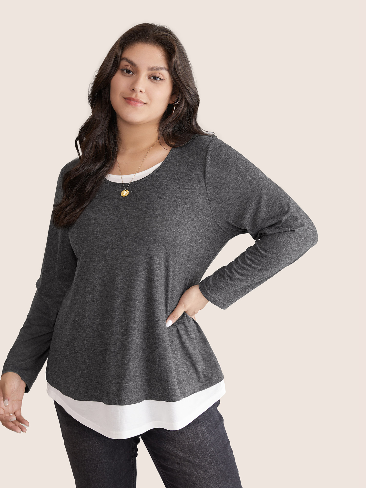 

Plus Size 2-In-1 Contrast Crew Neck Curved Hem T-shirt DimGray Round Neck Long Sleeve Casual Jersey Tops