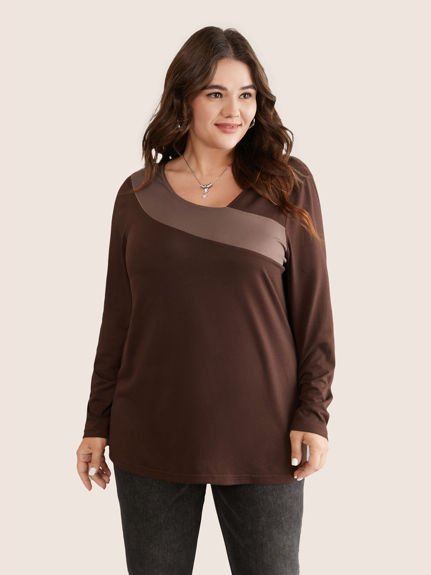 Plus Size Women Everyday Plain Contrast Regular Sleeve Long Sleeve V-neck Casual T-shirts BloomChic 
