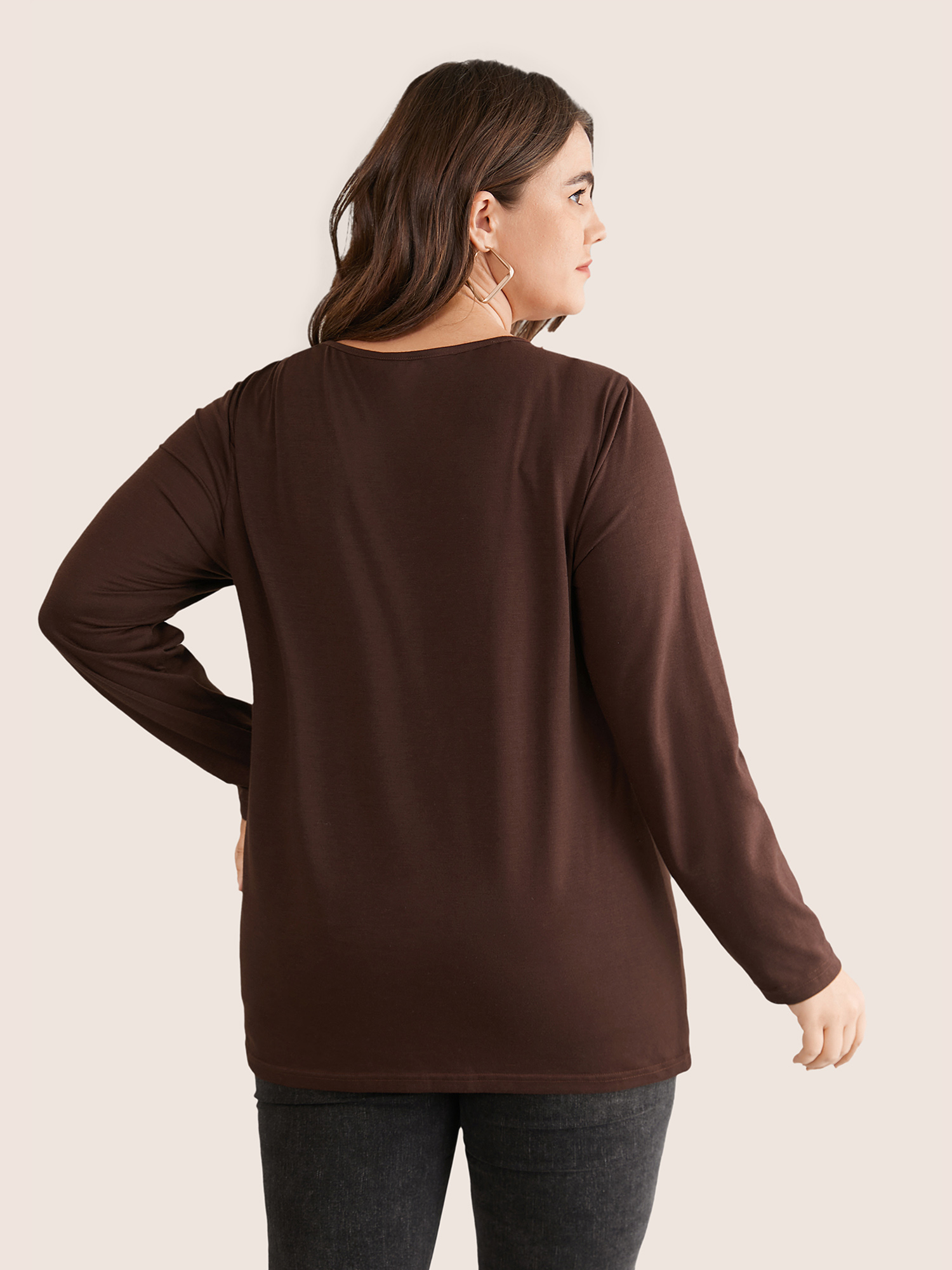 Plus Size Women Everyday Plain Contrast Regular Sleeve Long Sleeve V-neck Casual T-shirts BloomChic 