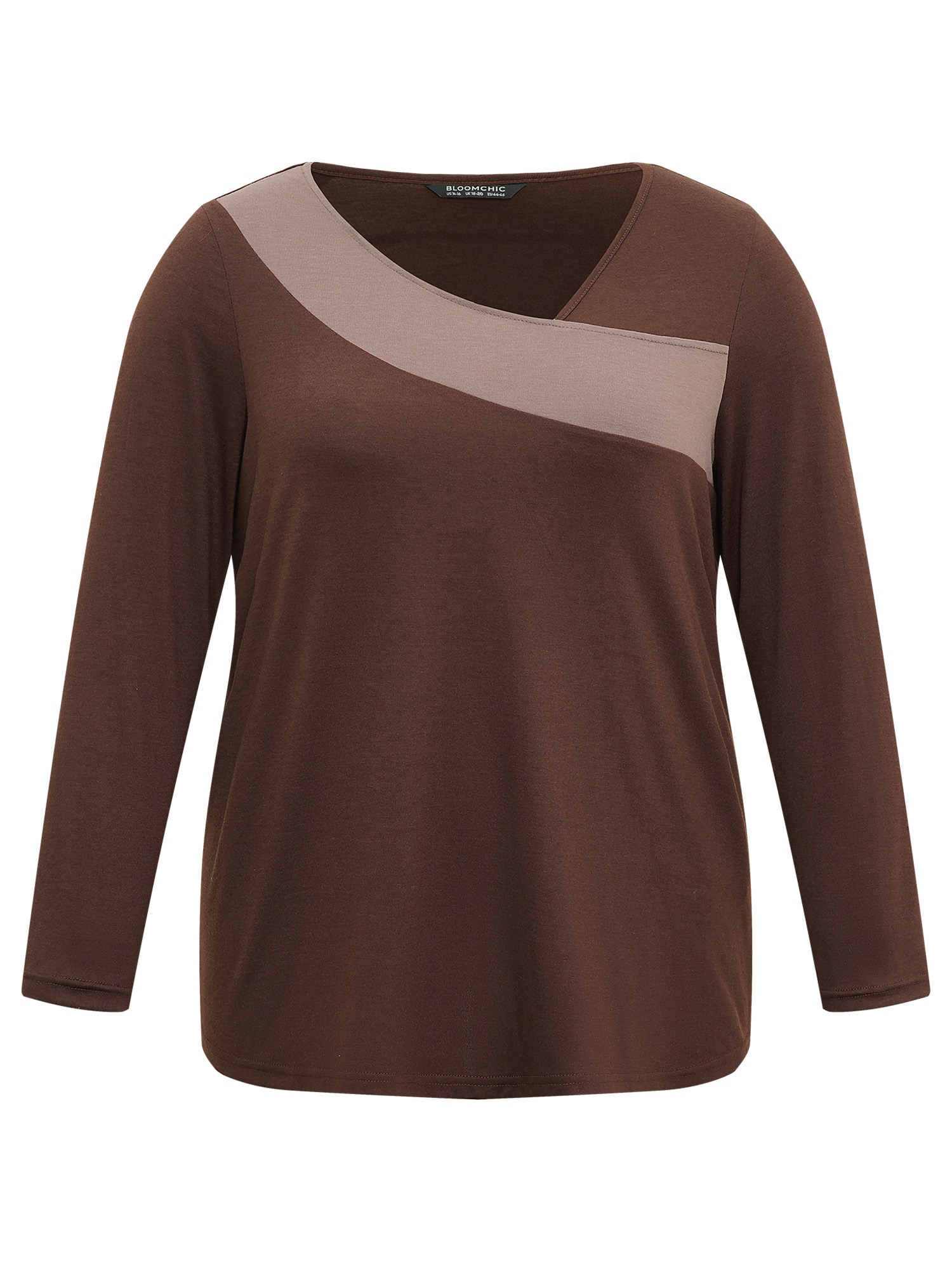 

Plus Size Contrast Patchwork Long Sleeve T-shirt DarkBrown Women Casual Contrast Plain V-neck Everyday T-shirts BloomChic