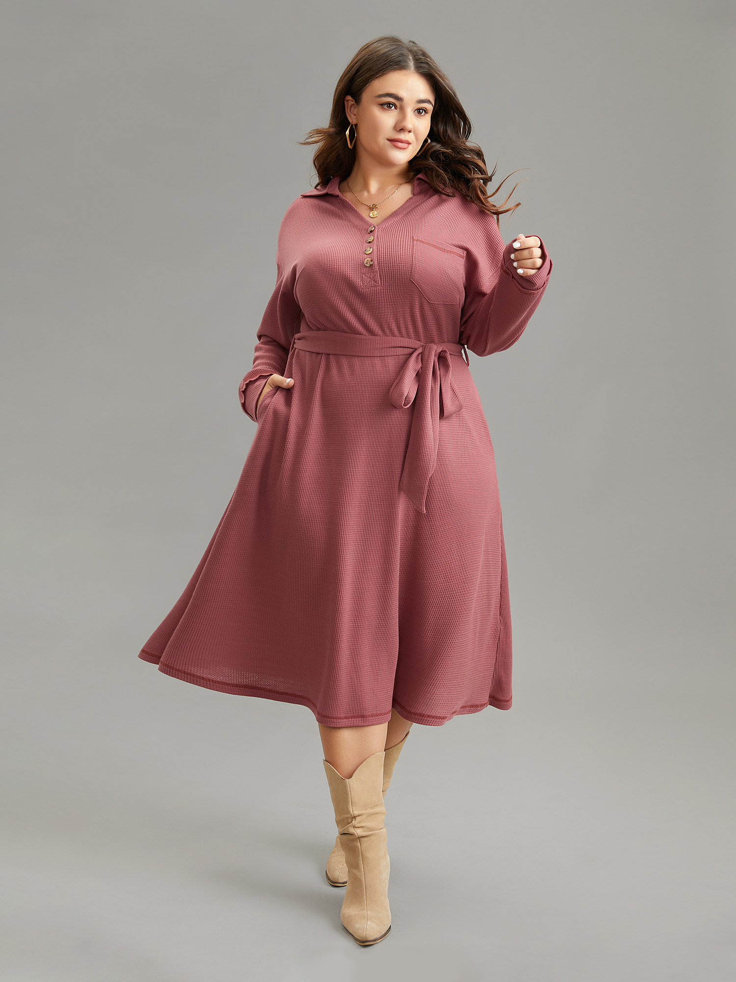 

Plus Size Waffle Knit Belted Lapel Collar Pocket Dress Rouge Women Casual Waffle Knit Lapel Collar Long Sleeve Curvy Midi Dress BloomChic