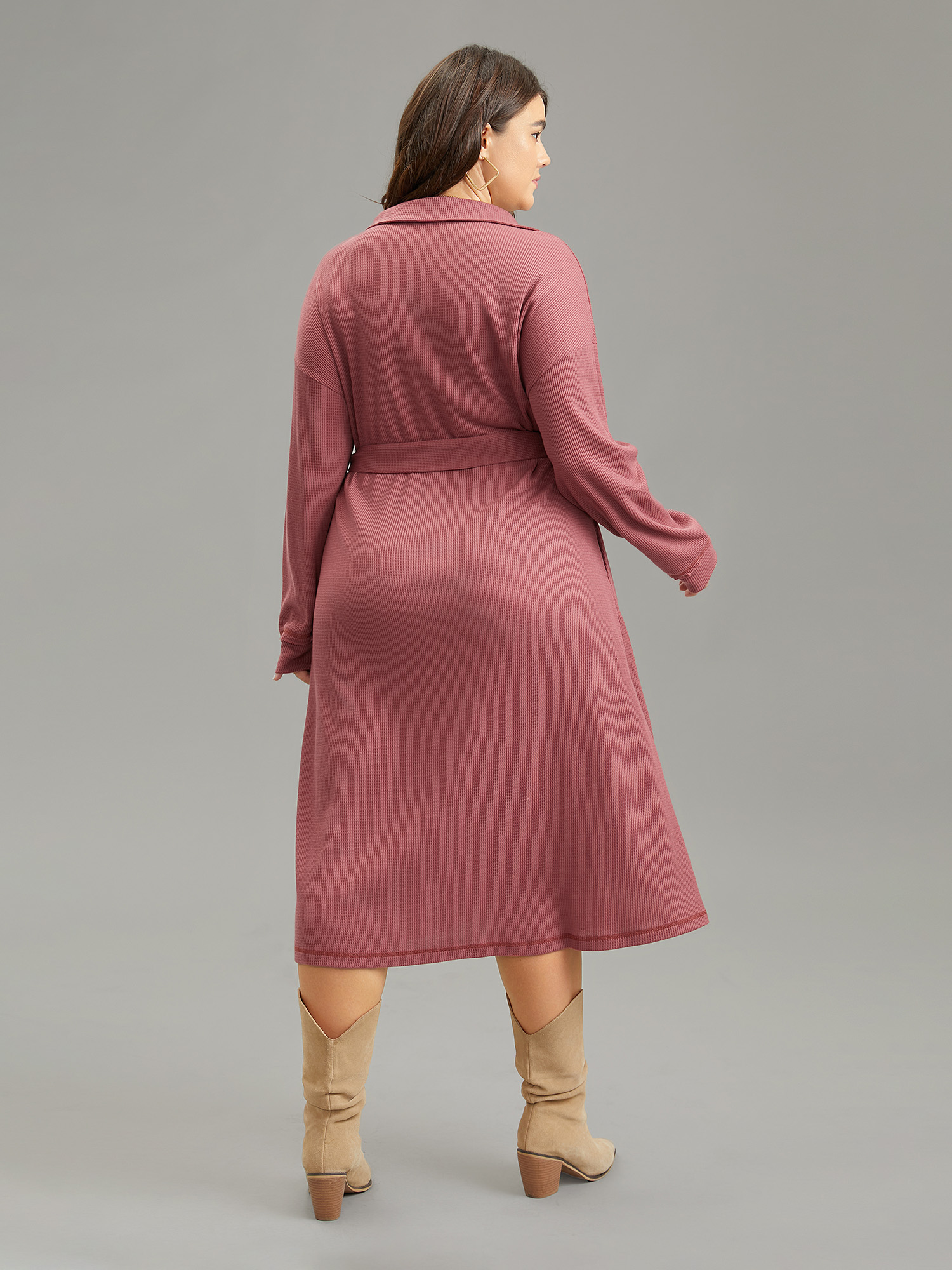 

Plus Size Waffle Knit Belted Lapel Collar Pocket Dress Rouge Women Casual Waffle Knit Lapel Collar Long Sleeve Curvy Midi Dress BloomChic