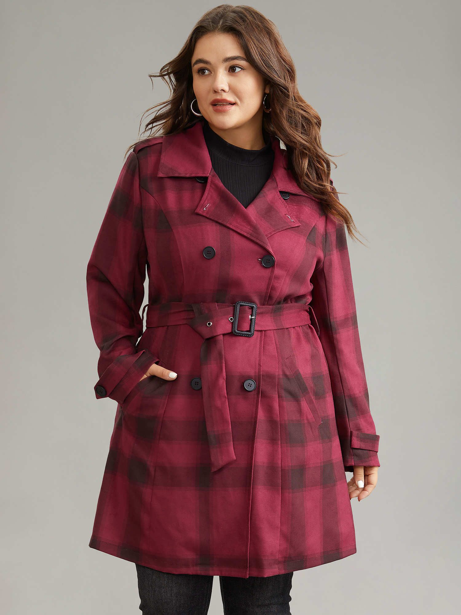 

Plus Size Lapel Collar Plaid Belted Double Breasted Coat Women Scarlet Elegant Lined Ladies Dailywear Winter Coats BloomChic