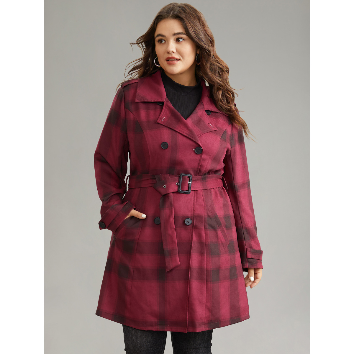 

Plus Size Lapel Collar Plaid Belted Double Breasted Coat Women Scarlet Elegant Lined Ladies Dailywear Winter Coats BloomChic