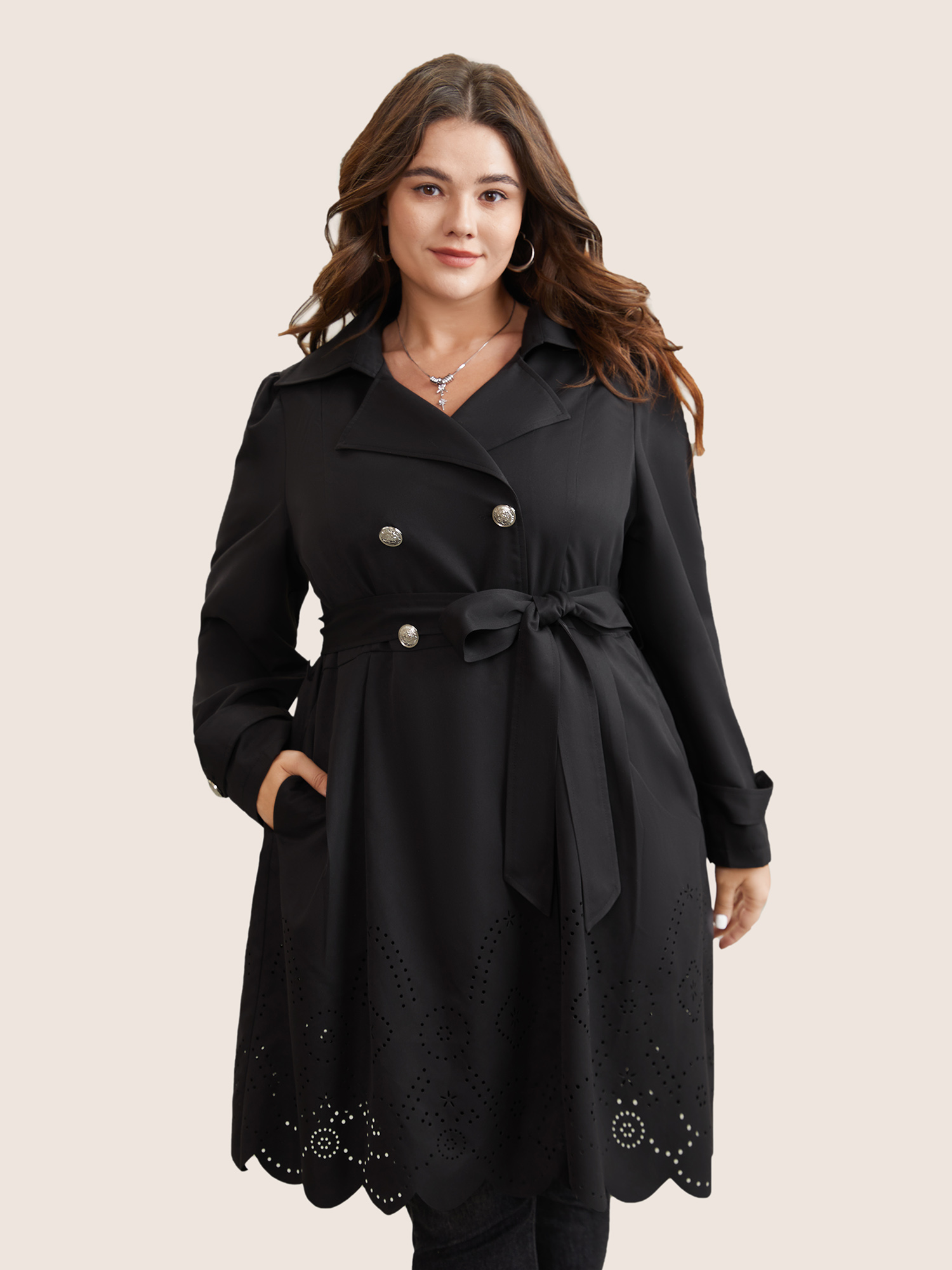 

Plus Size Plain Double Breasted Belted Laser Cut Coat Women Black Work From Home Plain Ladies Work Winter Coats BloomChic