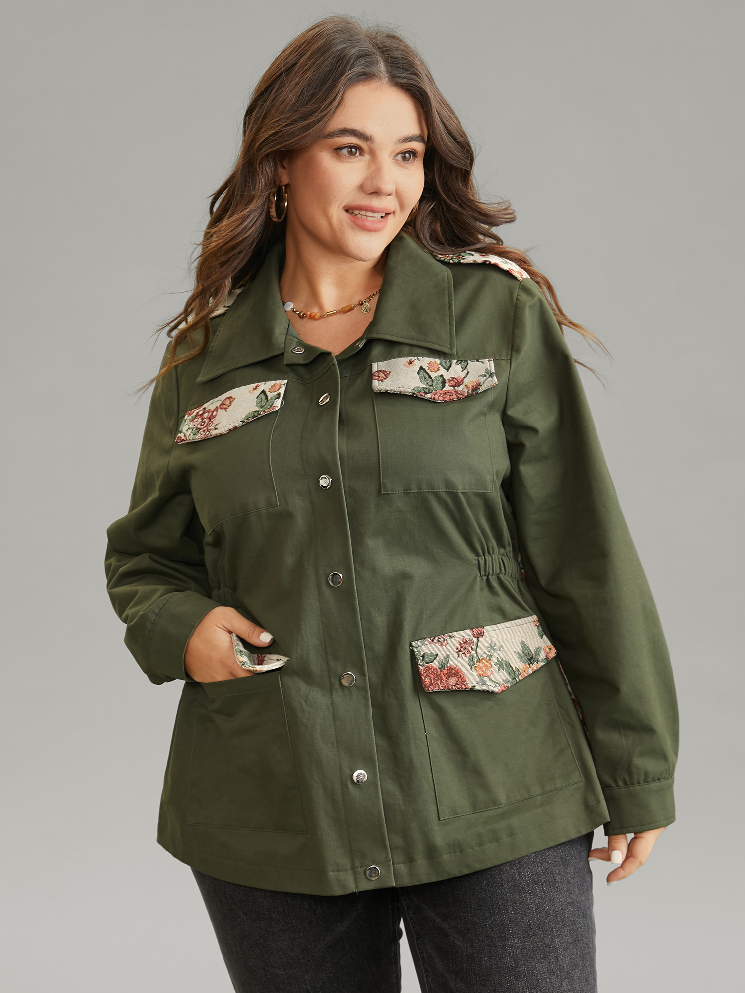 

Plus Size Jacquard Patchwork Elastic Waist Flap Pocket Jacket Women ArmyGreen Lined Pocket Dailywear Jackets BloomChic