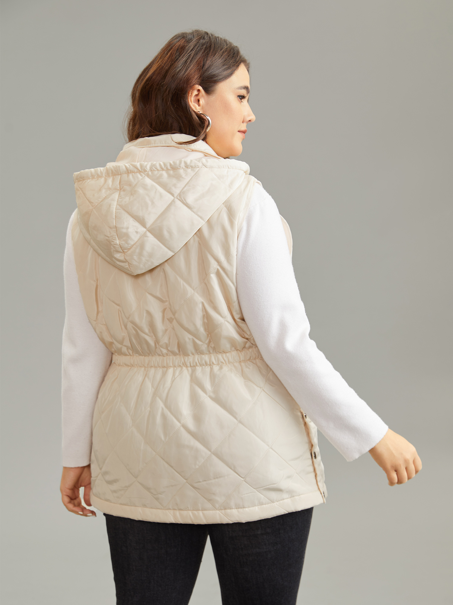 

Plus Size Hooded Quilted Split Hem Vest Beige Casual Lined Dailywear Vests  Bloomchic