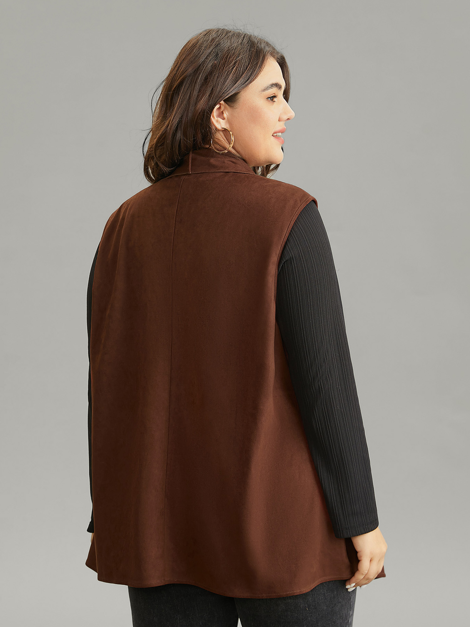 Plus Size Faux Suede Asymmetrical Neck Pocket Vest Women DarkBrown Casual Plain Ladies Dailywear Winter Coats BloomChic 18-20/2X 