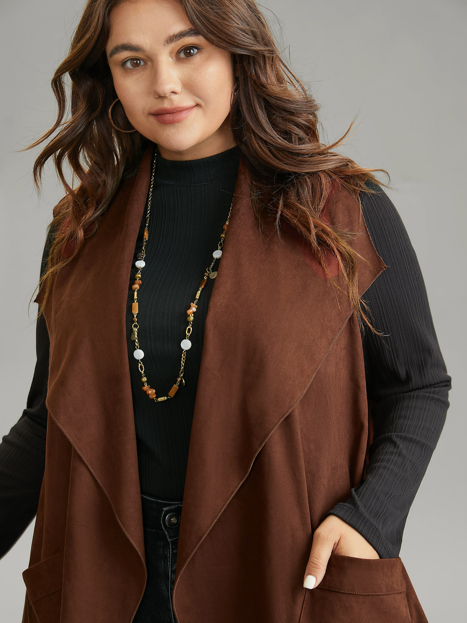 Plus Size Faux Suede Asymmetrical Neck Pocket Vest Women DarkBrown Casual Plain Ladies Dailywear Winter Coats BloomChic 18-20/2X 