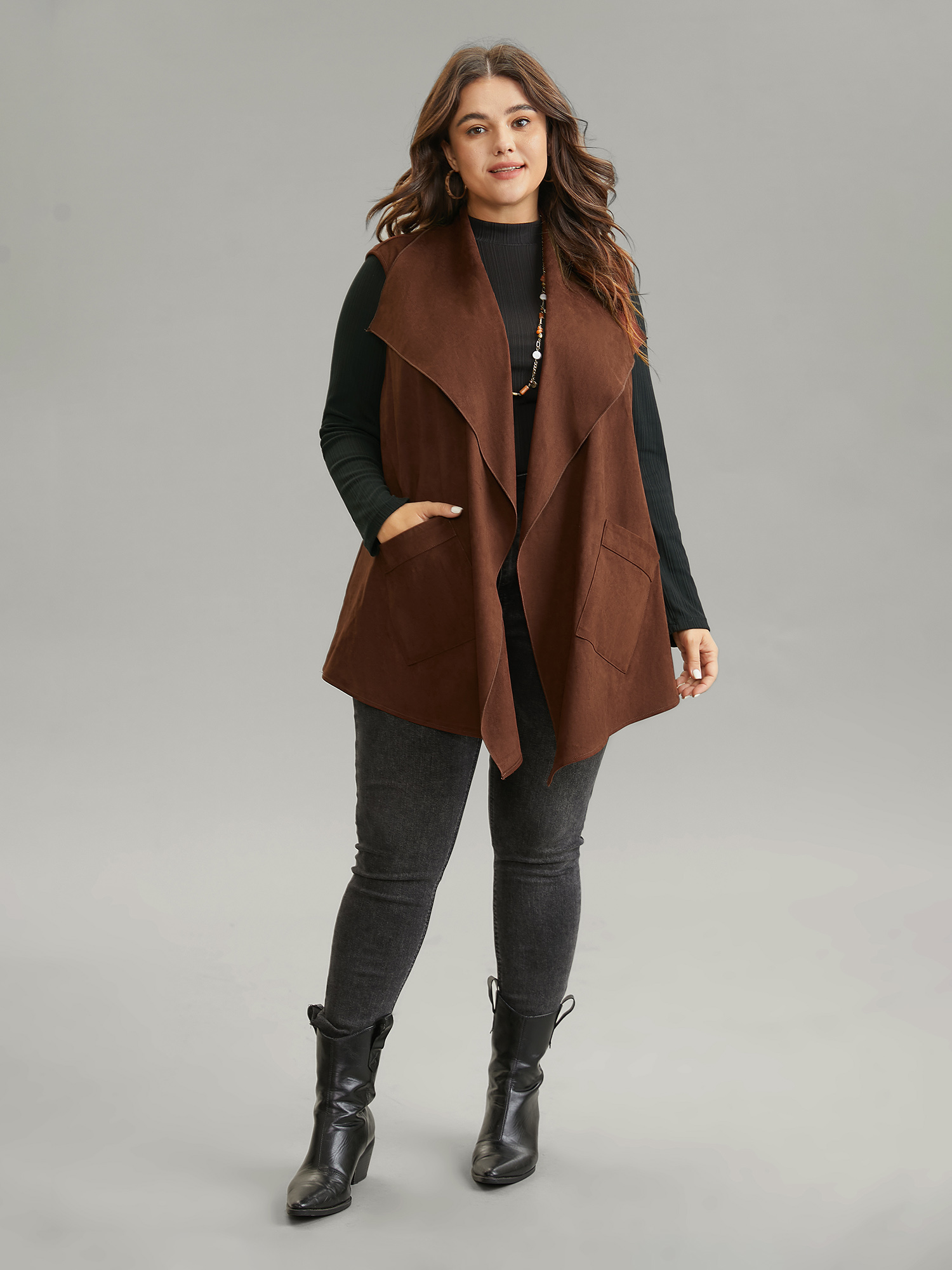 Plus Size Faux Suede Asymmetrical Neck Pocket Vest Women DarkBrown Casual Plain Ladies Dailywear Winter Coats BloomChic 18-20/2X 