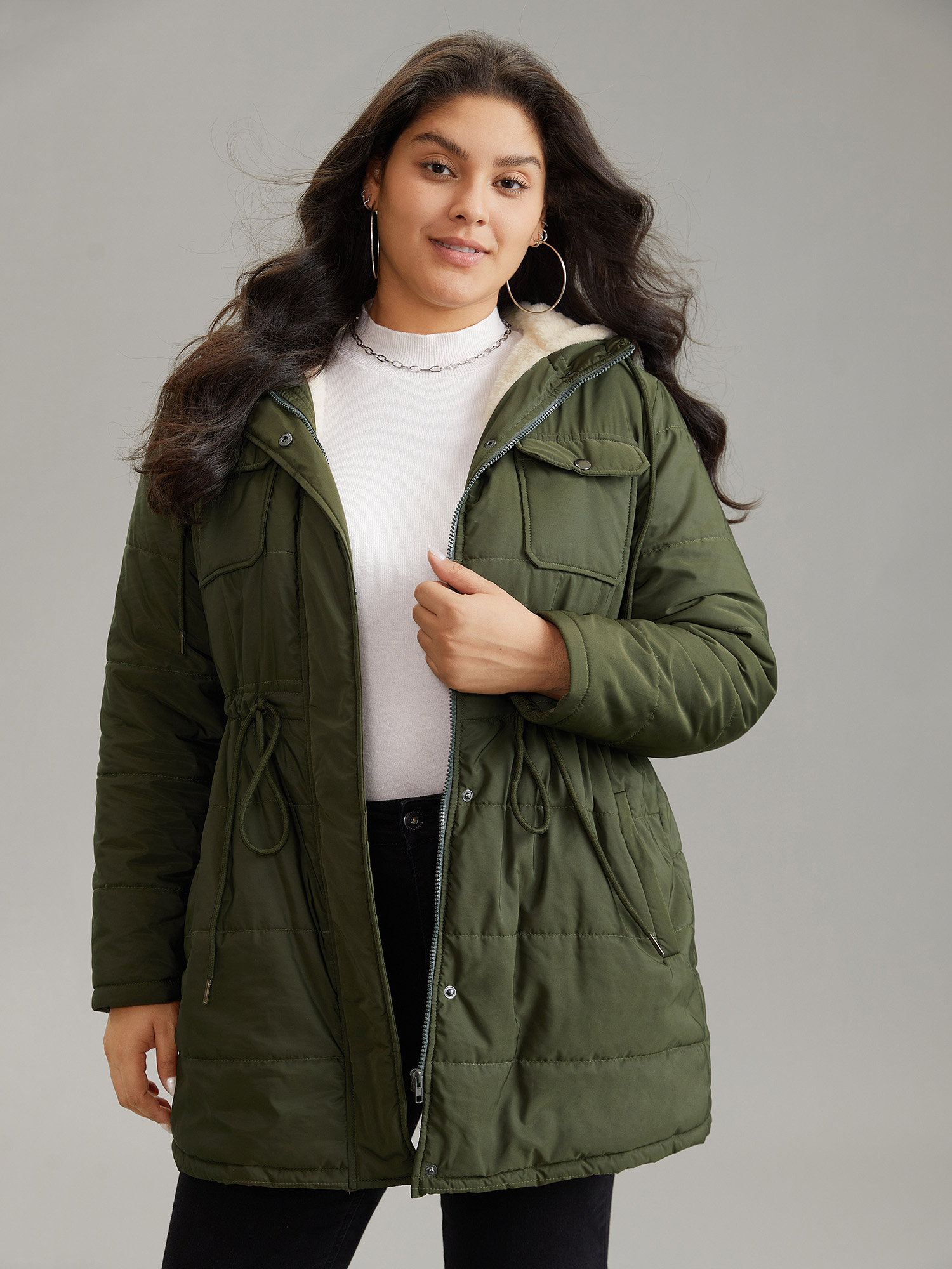 

Plus Size Solid Drawstring Patchwork Fluffy Hooded Padded Coat Women ArmyGreen Casual Lined Ladies Dailywear Winter Coats BloomChic