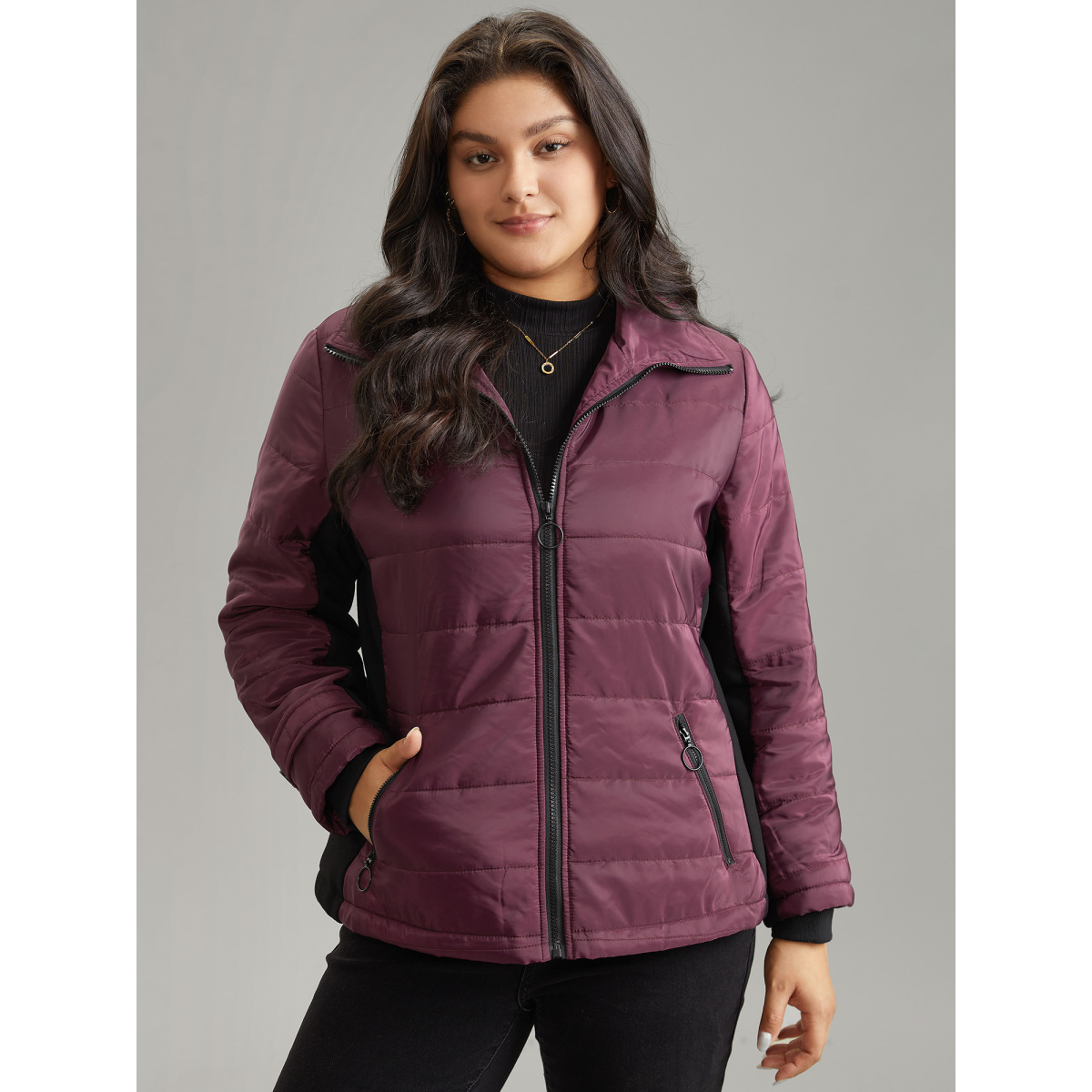 

Plus Size Solid Zipper Patchwork Padded Jacket Women Burgundy Lined Pocket Everyday Jackets BloomChic