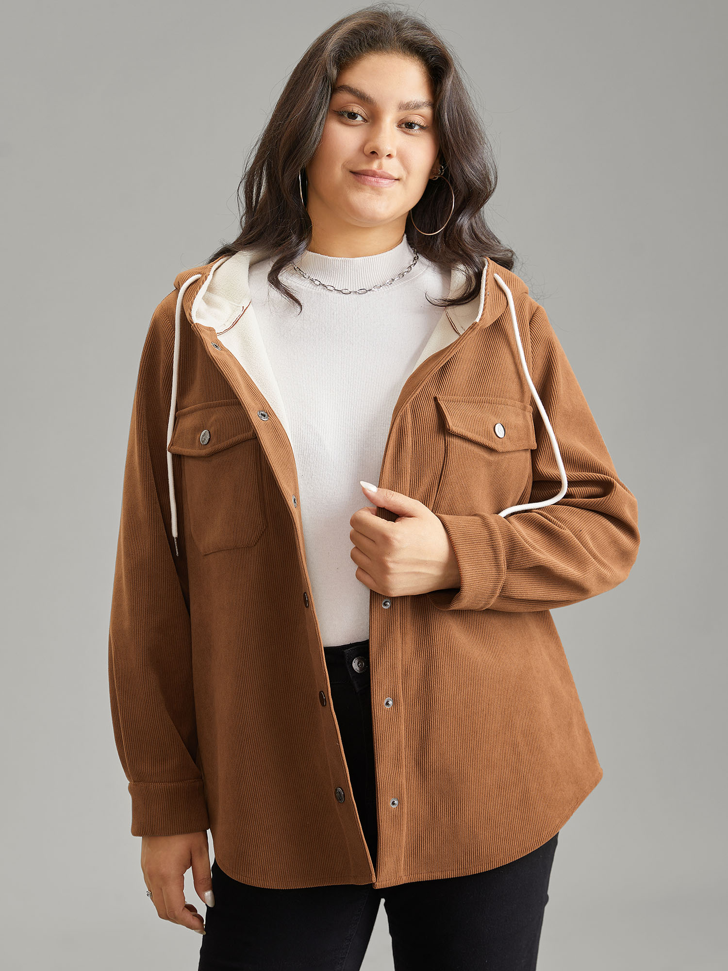 

Plus Size Corduroy Fluffy Patchwork Hooded Jacket Women Bronze Contrast Pocket Dailywear Jackets BloomChic