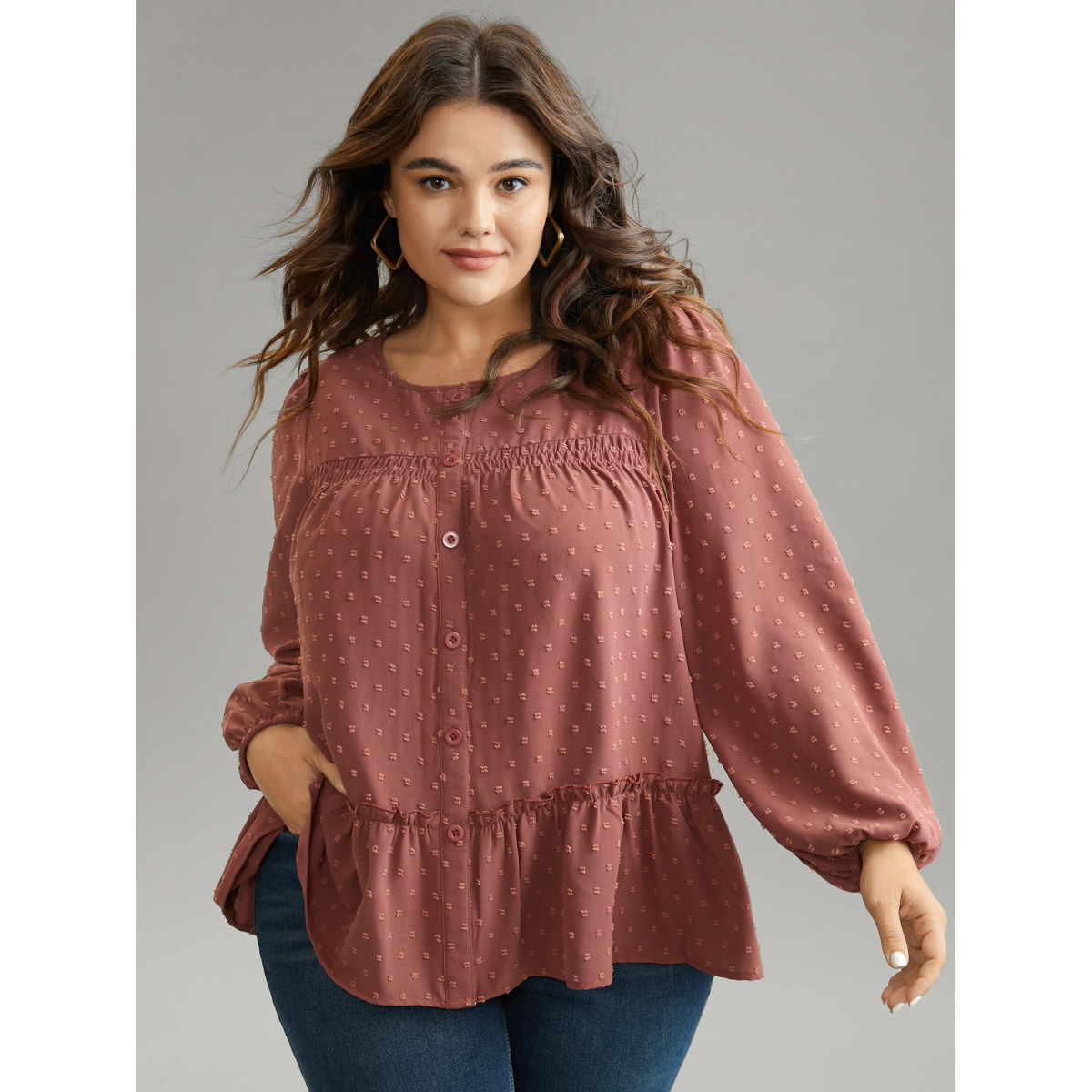 

Plus Size Rust Textured Lantern Sleeve Gathered Frill Trim Blouse Women Casual Long Sleeve Round Neck Vacation Blouses BloomChic