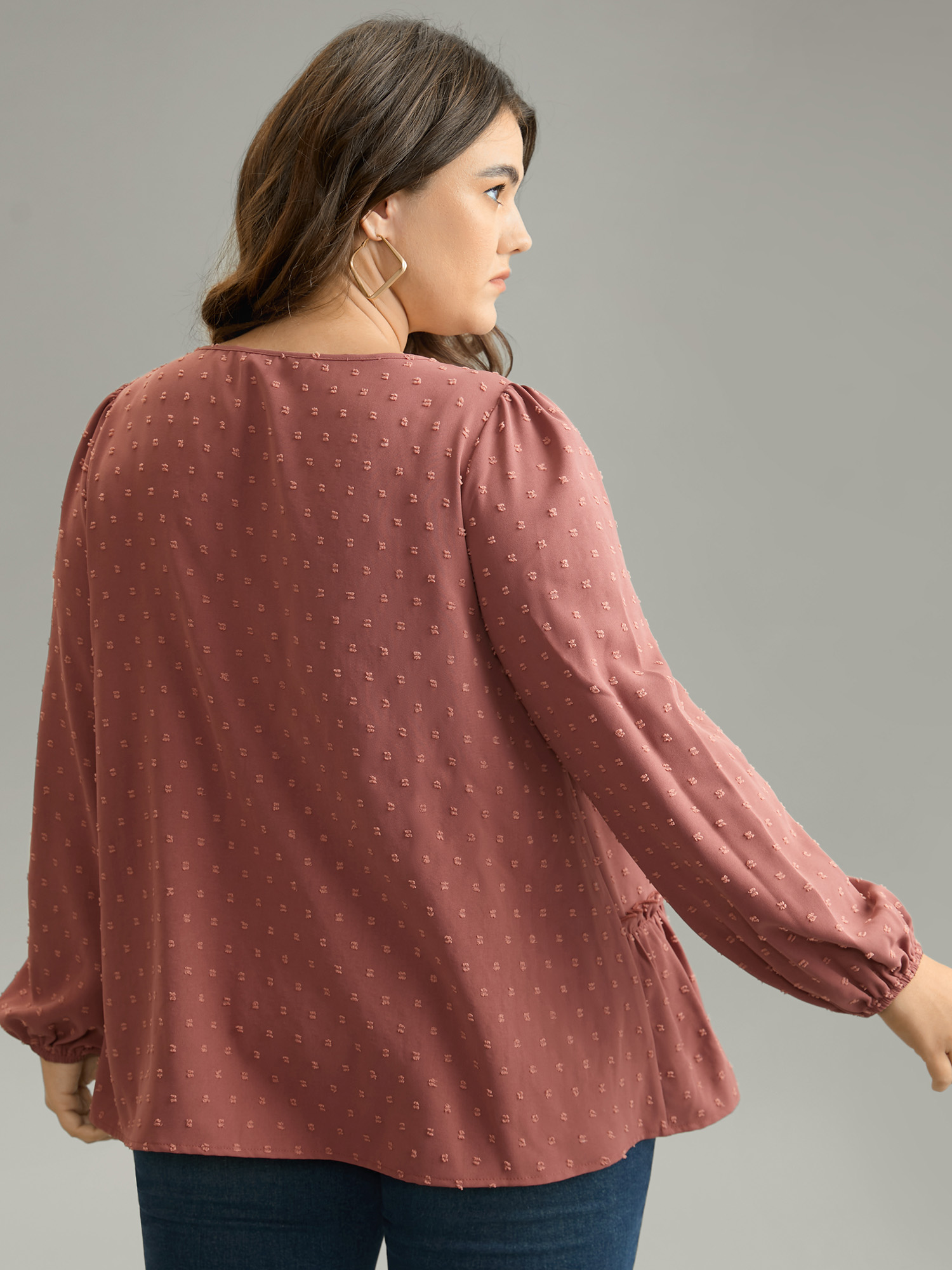 

Plus Size Rust Textured Lantern Sleeve Gathered Frill Trim Blouse Women Casual Long Sleeve Round Neck Vacation Blouses BloomChic