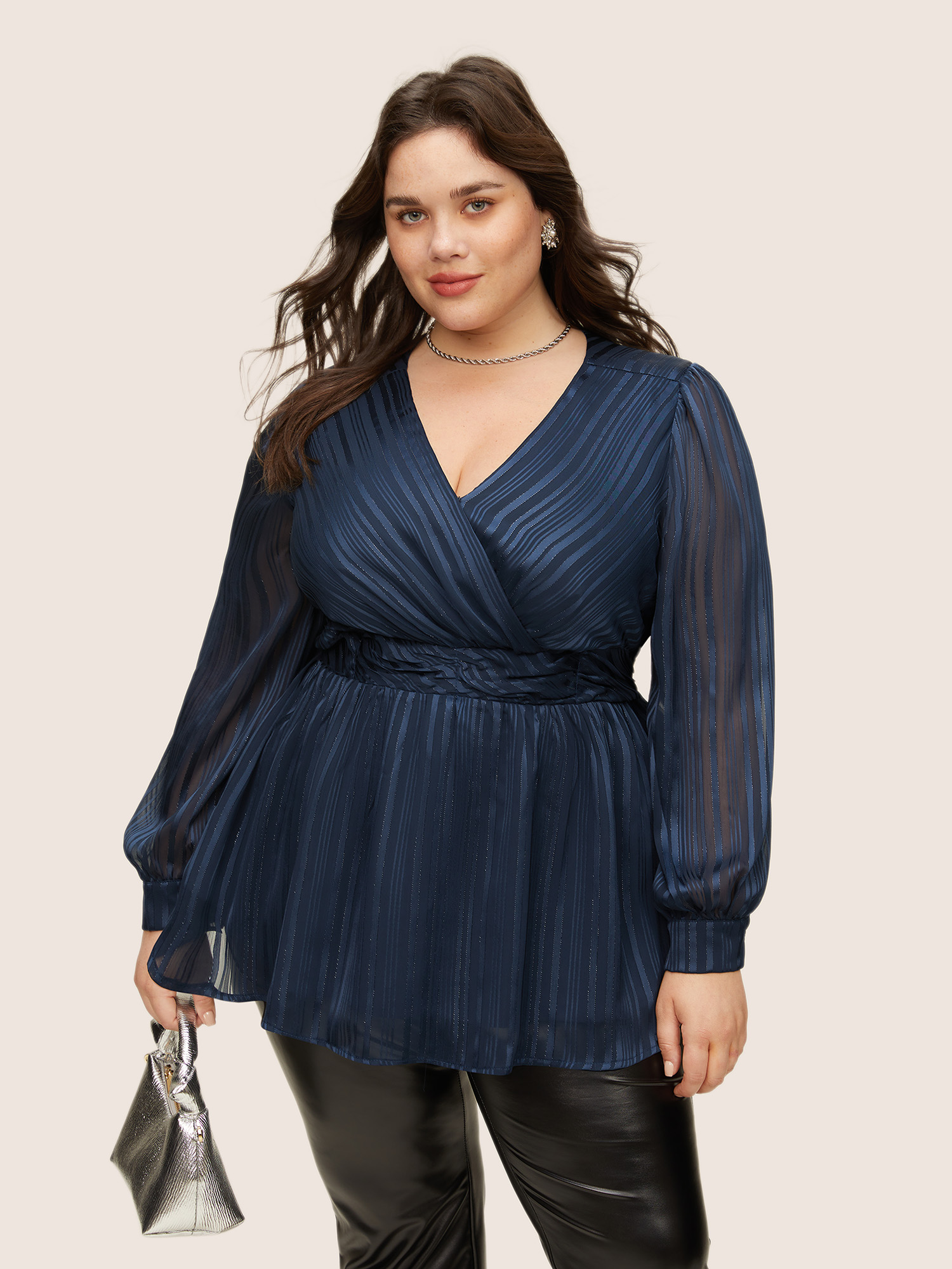 

Plus Size Indigo Texture Ruched Mesh Wrap Blouse Women Cocktail Long Sleeve Overlap Collar Party Blouses BloomChic