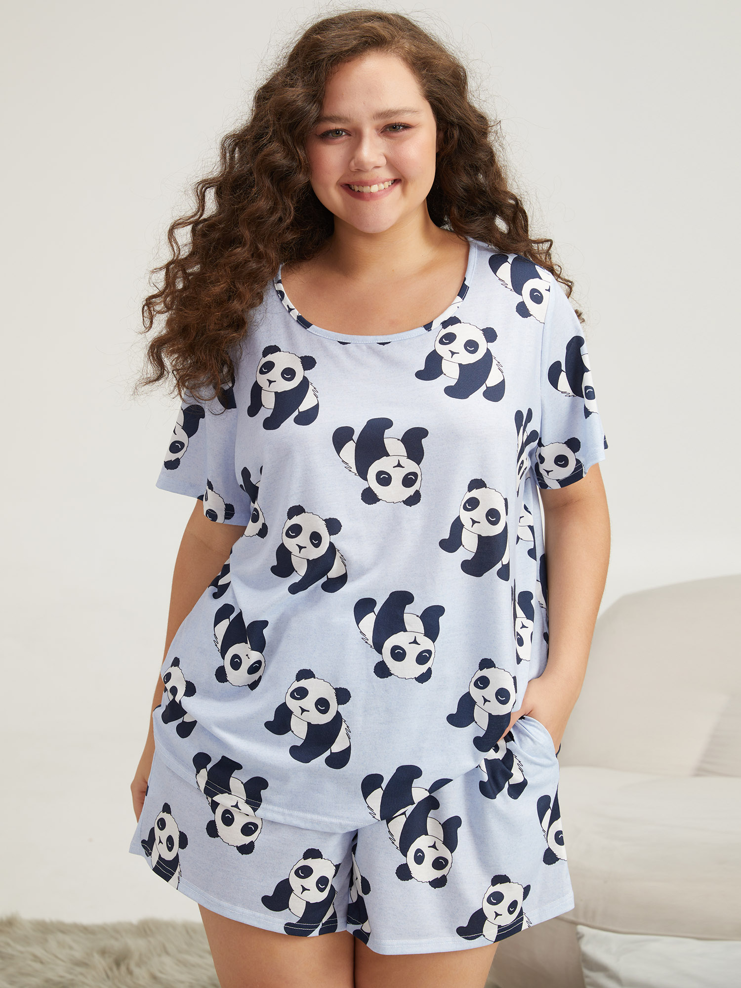 

Plus Size Panda Print Crew Neck Sleep Top LightBlue Animal Short sleeve Round Neck Everyday Casual  Bloomchic